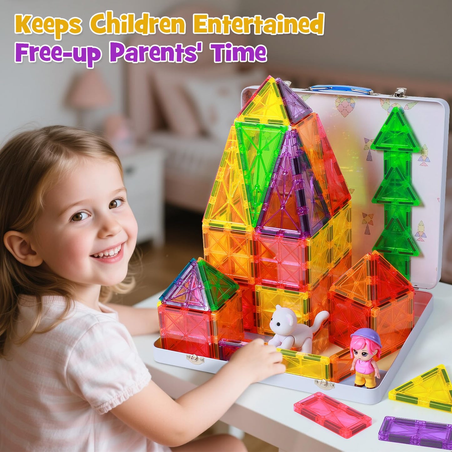 100-Piece Premium Magnetic Tiles Set with Luxury Metal Case, Jumbo Magnetic Building Blocks for Kids Ages 3-5 4-8, STEM Educational Toys, Montessori Sensory Toys, Ideal Gift for Toddler Boys & Girls