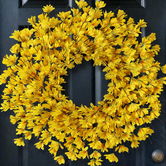 24 Inch Artificial Yellow Forsythia Wreath for Front Door, Large Faux Forsythia Wreath Spring Summer Flower for Fireplace Farmhouse Wall Window Home Outdoor Decorations (Yellow)