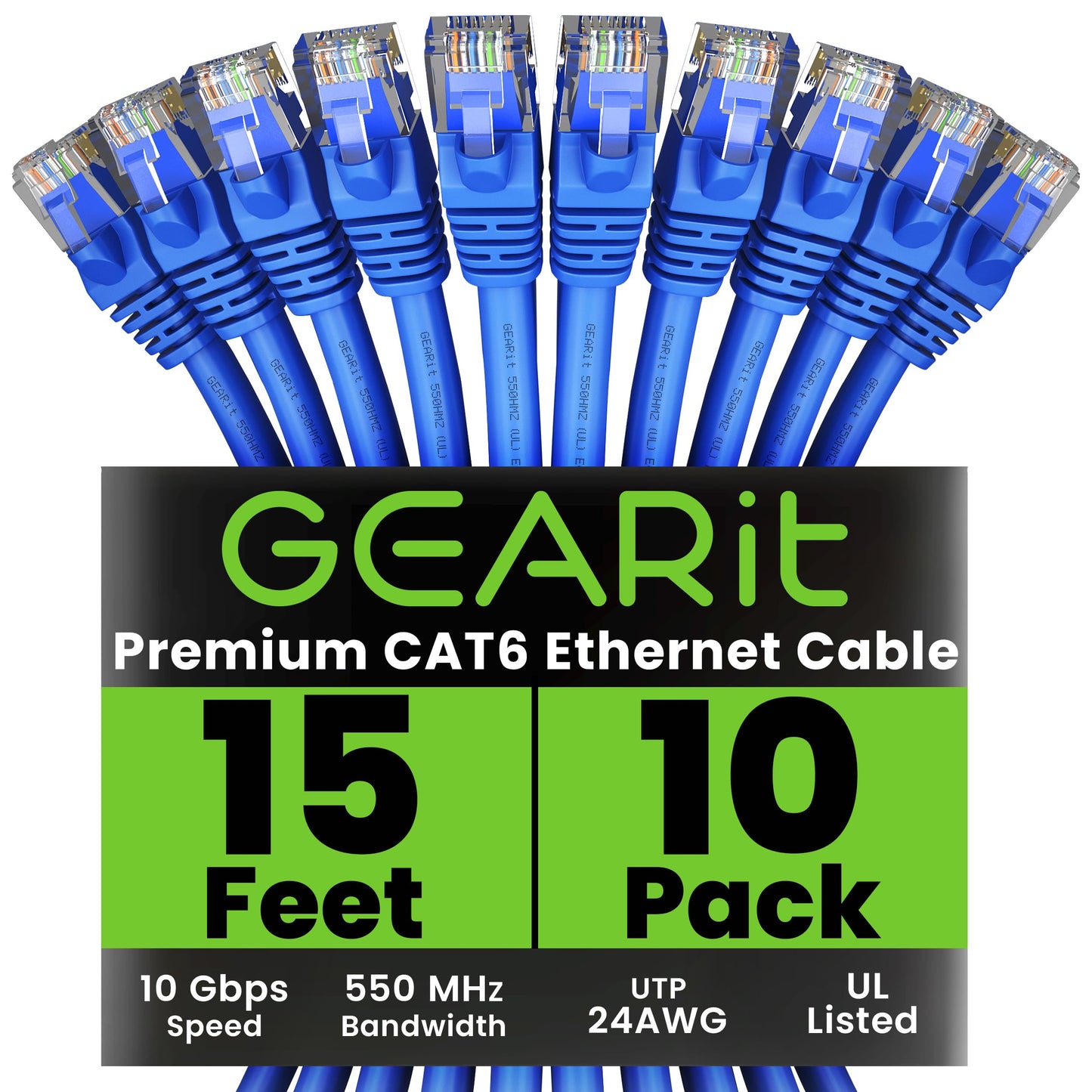 GearIT Cat 6 Ethernet Cable (10-Pack 15 Feet) Cat6 Network Patch, 10Gbps, RJ45, Snagless Cord, Gold-Plated Connectors, Internet for PC, TV, Tablet, Router, Printer, Servers, IT Data Center - Blue