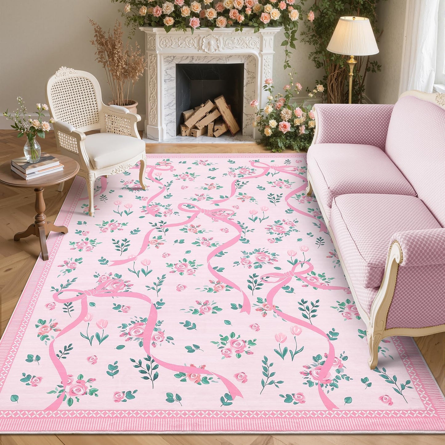 GarveeHome Coquette Pink Bow Rugs for Bedroom Girls, 5x7 Area Rugs for Living Room with Soft Low Pile, Non Slip Floral Washable Rug 5x7 for Nursery Kids Playroom Dining Room College Dorm Girl Rug
