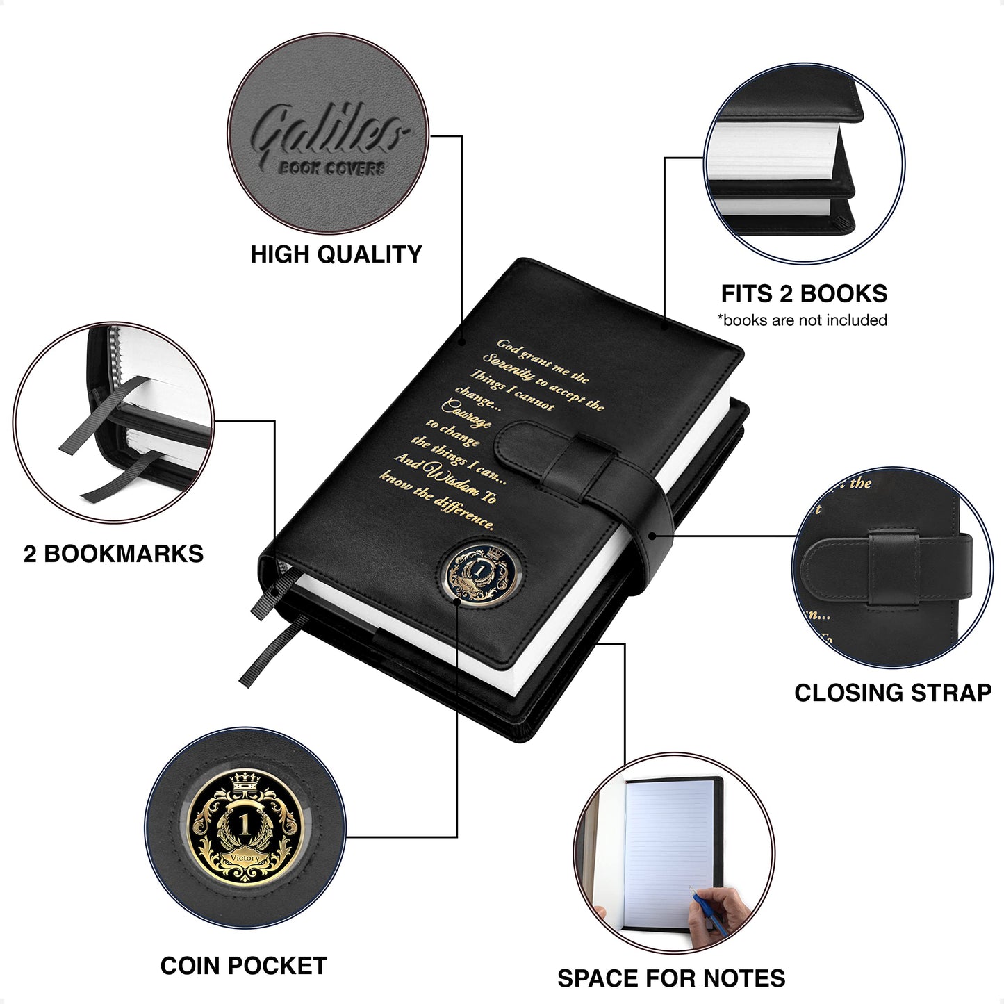 GALILEO® Genuine Leather Double AA Big Book Cover & 12 Steps & 12 Traditions | Medallion Holder | Perfect Gift | Alcoholics Anonymous (Genuine Leather, Black/Serenity Prayer)