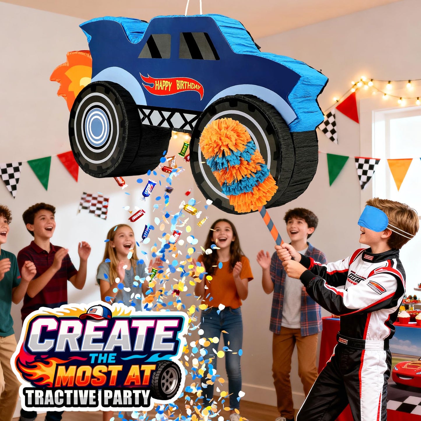 27" Race Car Piñata, Monster Truck Pinata Bundle with Blindfold and Bat Party Favors for Kids Boys Exciting Party Games Supplies