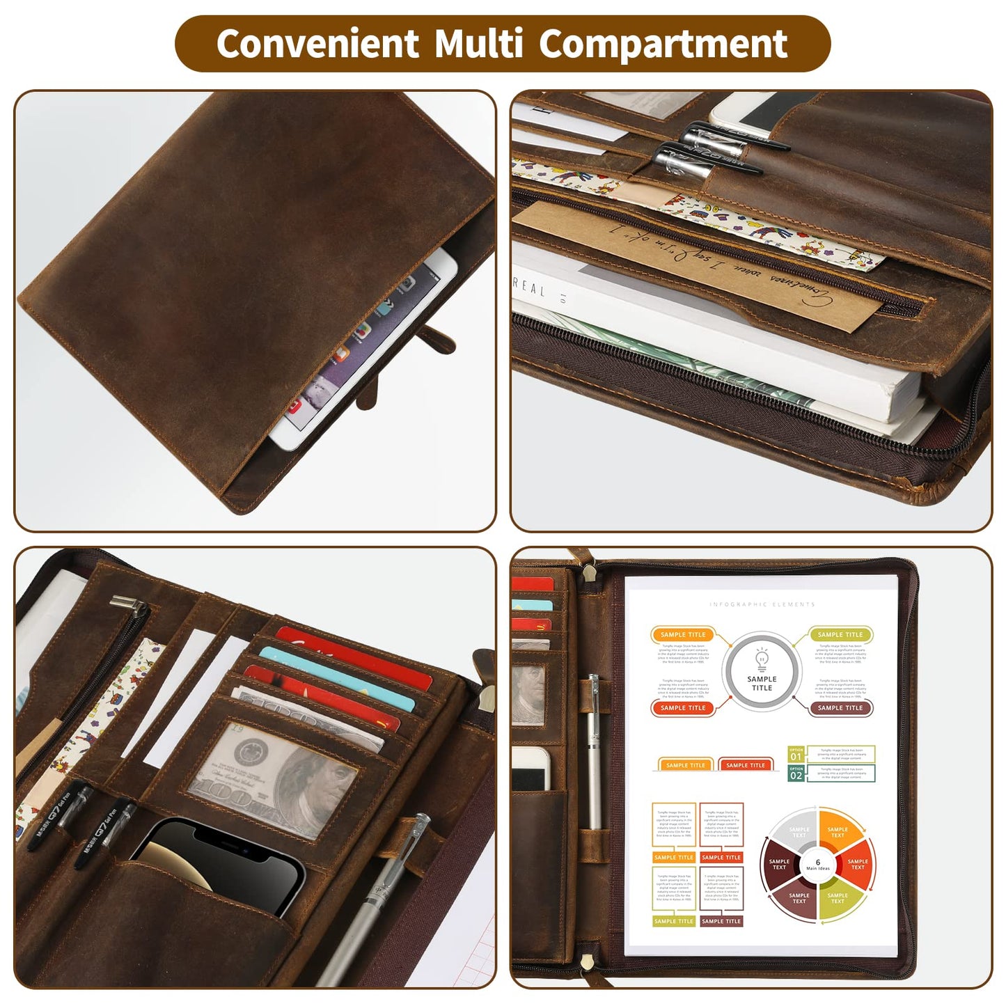 Ringsun Genuine Leather Portfolio with Zipper, Business Organizer for A4/Pad/Phone, Brown, RS63