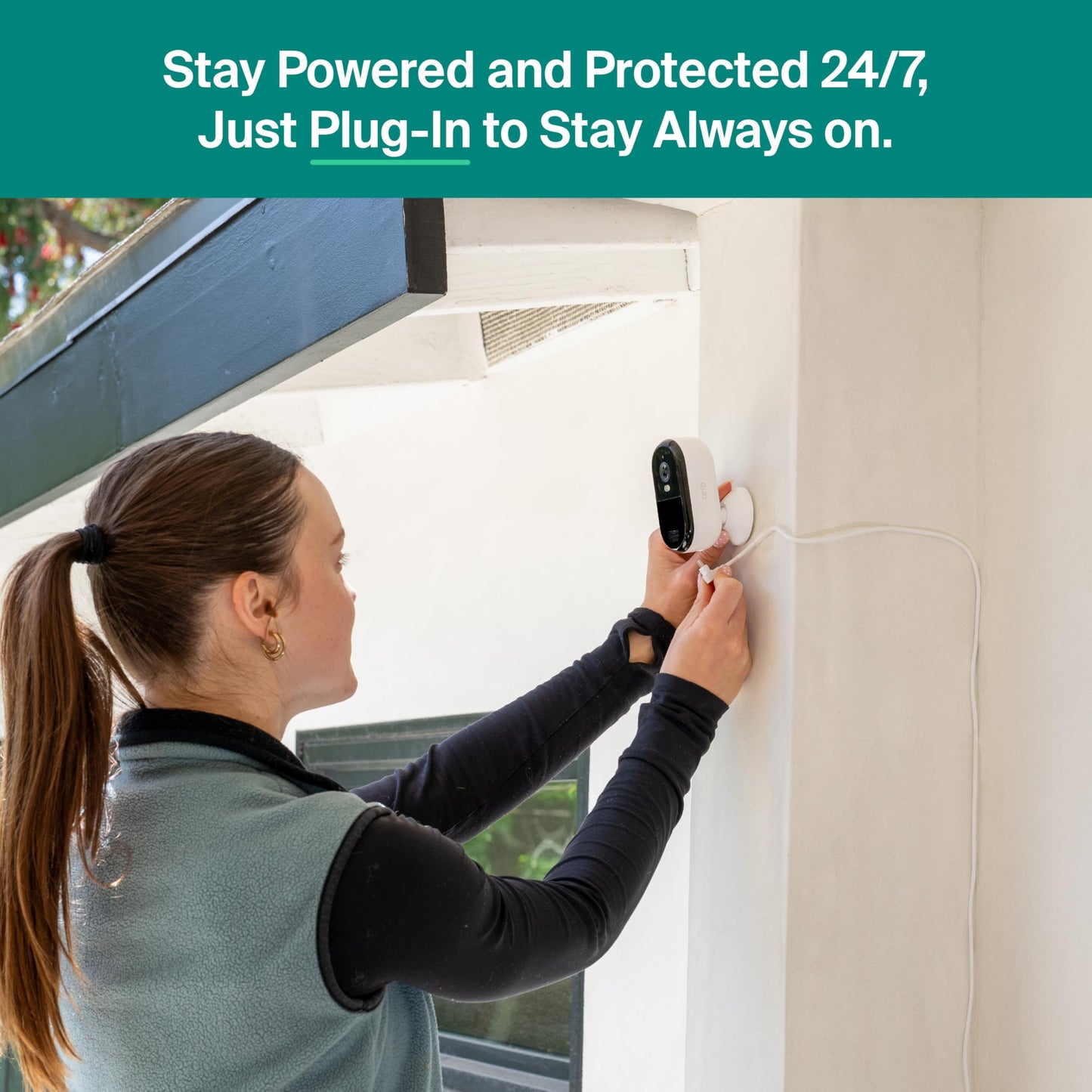 Arlo Essential Security Camera 2K (2025 Release) + 6 Months of Secure Plus Plan - Continuous Wired Plug-in Power Outdoor Camera, Person Recognition, Package Detection, Animated Preview, 1 Cam, White