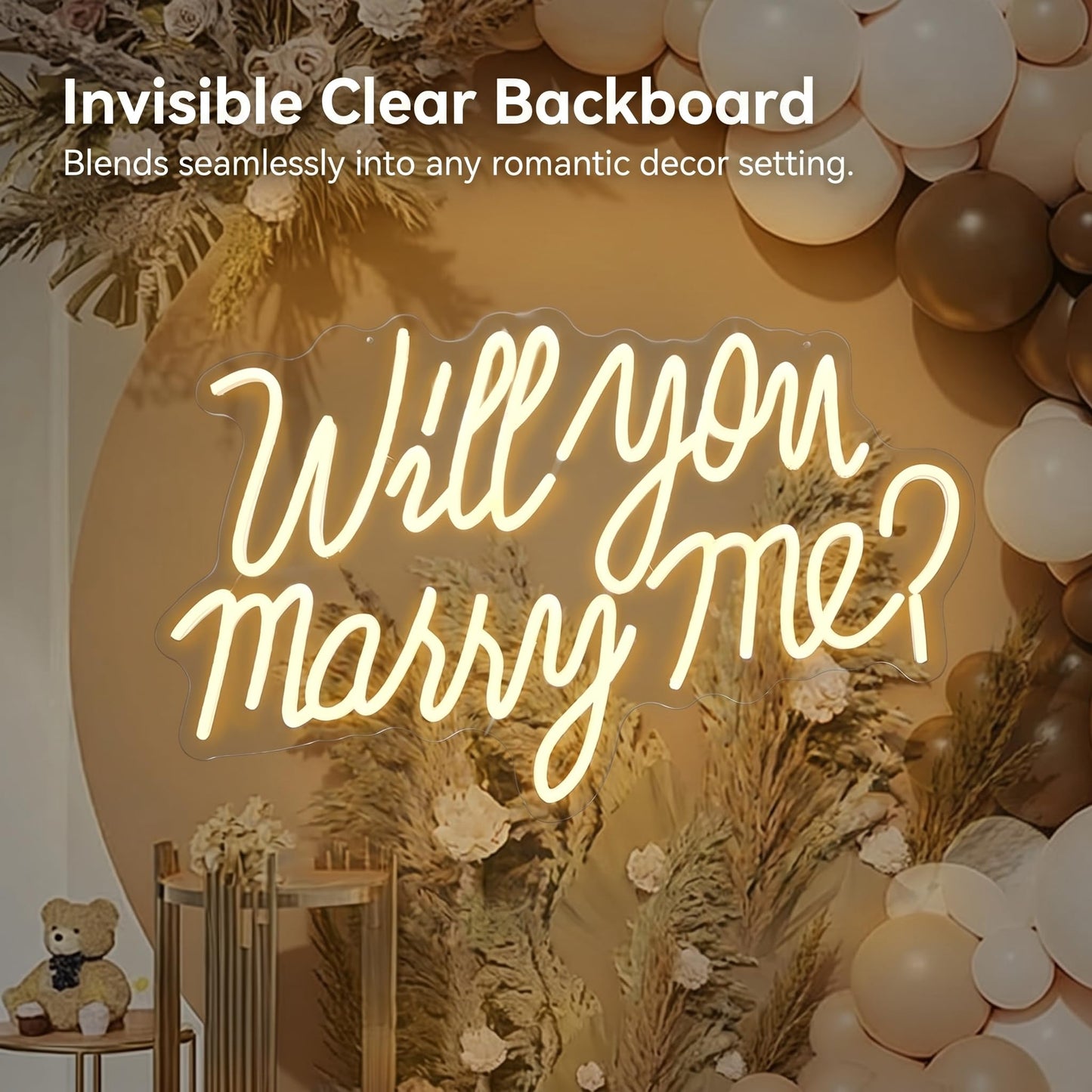 Will You Marry Me Neon Letter Sign, 21.7x13.8 Inch Acrylic LED Letter Sign Light Up Letters, Neon LED Signs for Wall Decor, Marriage Proposal, Wedding, Valentine's Day Decor (warm white)