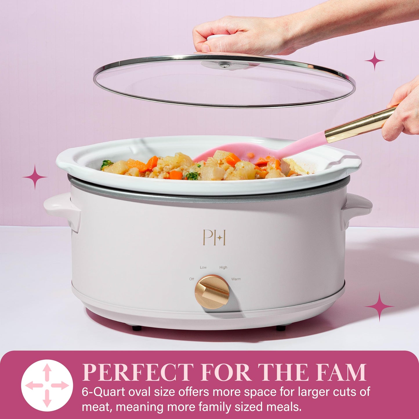 Paris Hilton 6-Quart Manual Slow Cooker, Naturally Nonstick Stoneware Ceramic Insert, Three Settings (Low, High, Warm), Dishwasher Safe Family Size Slow Cooker, White
