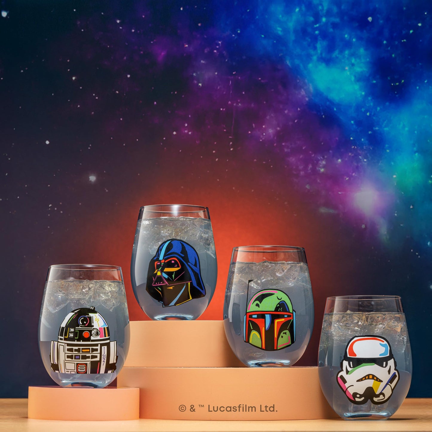 JoyJolt Star Wars Cosmic Color Stemless Drinking Glasses, 19oz Glass Cups ft Darth Vader, Stormtrooper, Boba Fett, R2-D2 - Star Wars Kitchen Glasses Set of 4, Gifts for Men, Women & Adults