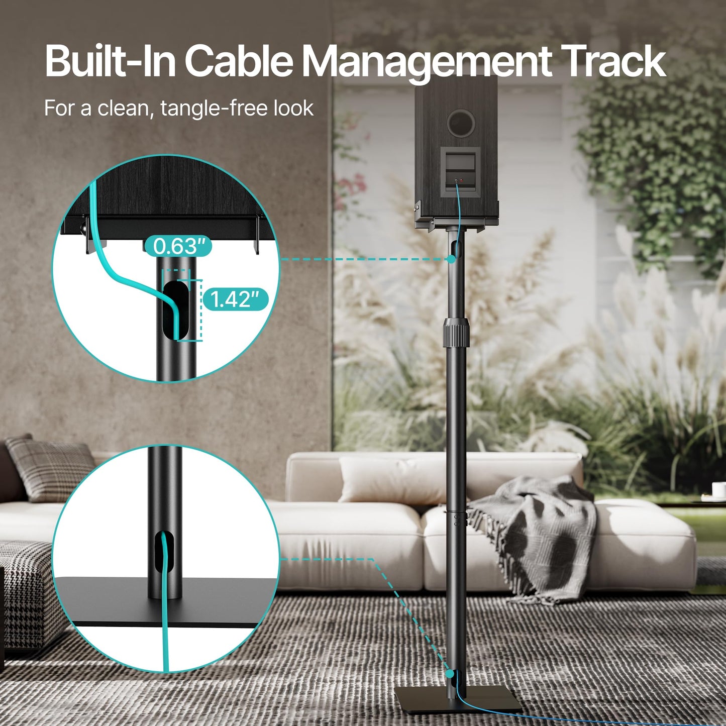 Pegzone Height-Adjustable Speaker Stands Pair,11LBS Capacity,Height Adjustable from 33.4" to 44.0",Surround Sound Speaker Stands,Cable Management,Black,1 Pair
