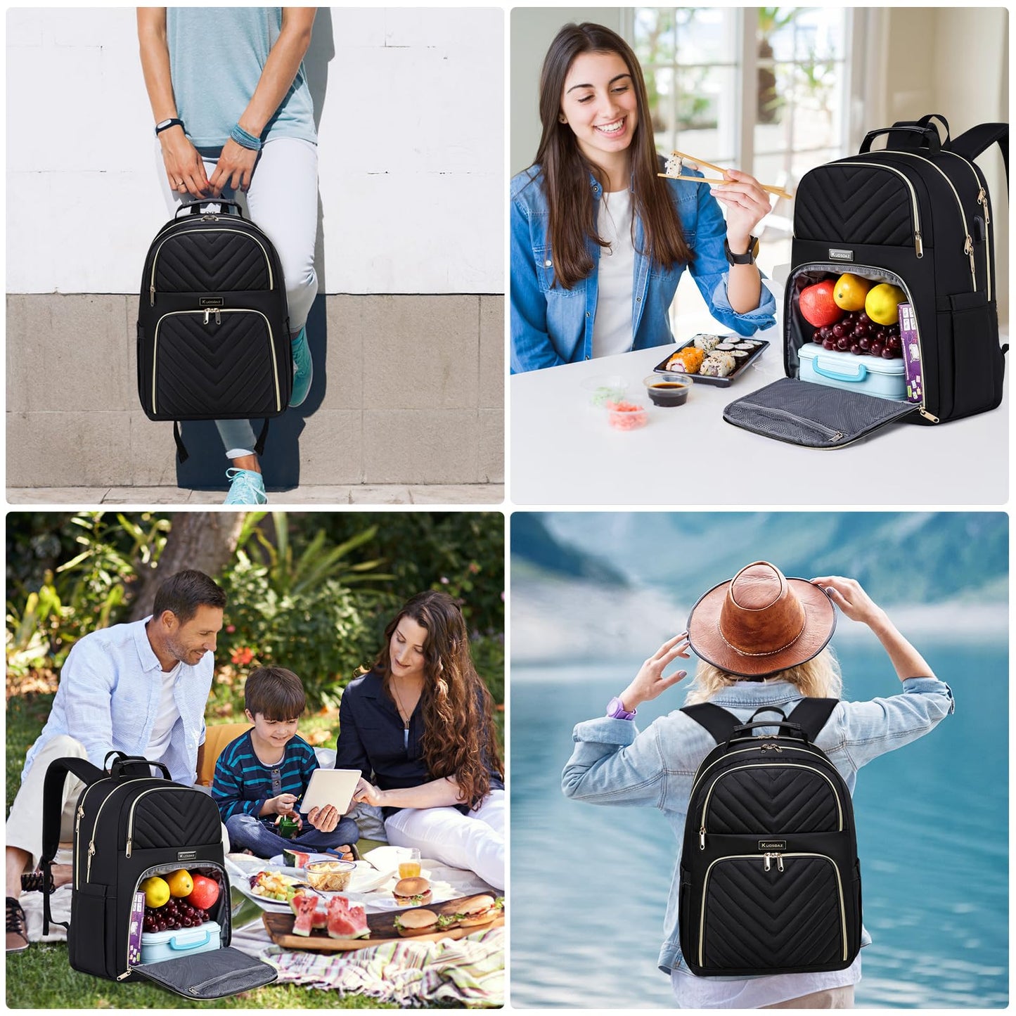 Kuosdaz Lunch Backpack for Women, Water Resistant Insulated Cooler Lunch Bag, 15.6 inch Laptop Backpacks with USB Port, Picnic Backpack with Lunch Box for College Work Camping Beaches, Black