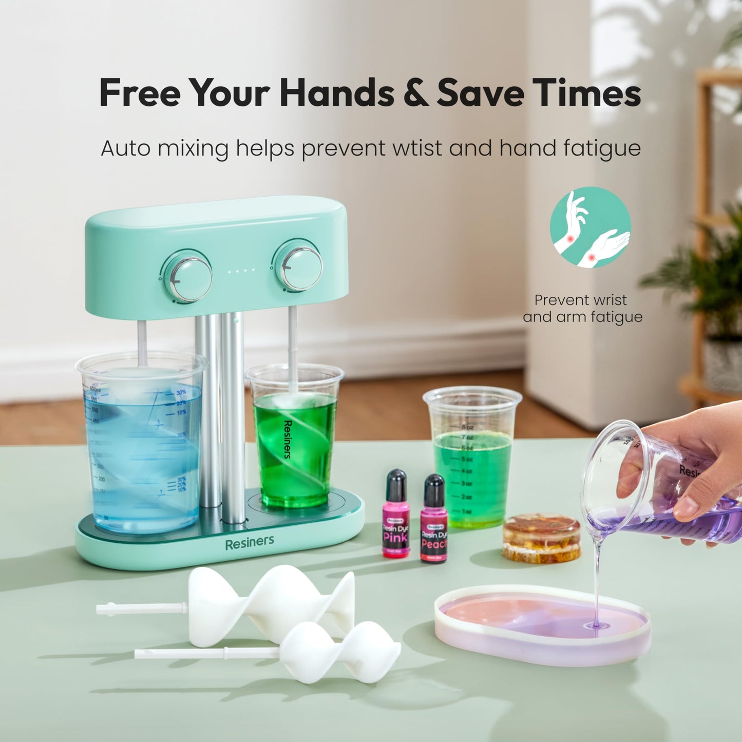 Resiners Dual-Head Resin Mixer with Spiral Silicone Paddles, Rechargeable Epoxy Mixer, Stepless Speed & Minimum Bubbles, Electric Stirrer for Resin,Silicone,Paint Mixing,Resin Tools,DIY Crafts
