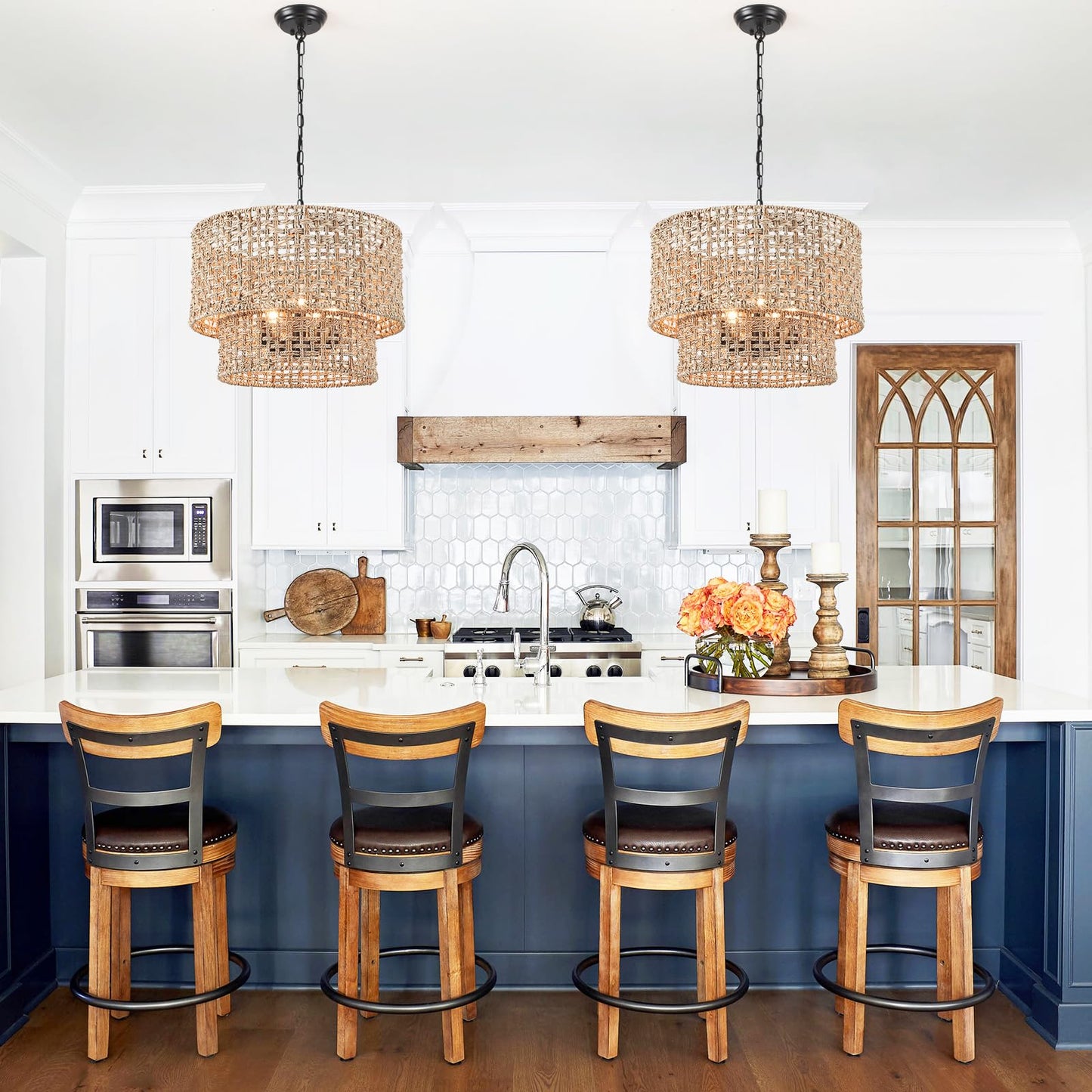 18.9" Rattan Farmhouse Chandelier 5-Light Large Boho Wicker Pendant Light Fixtures Hanging Coastal Drum Lighting Hand 2 Tier Woven Chandeliers for Living Room Dining Room Kitchen Island Foyer Entryway