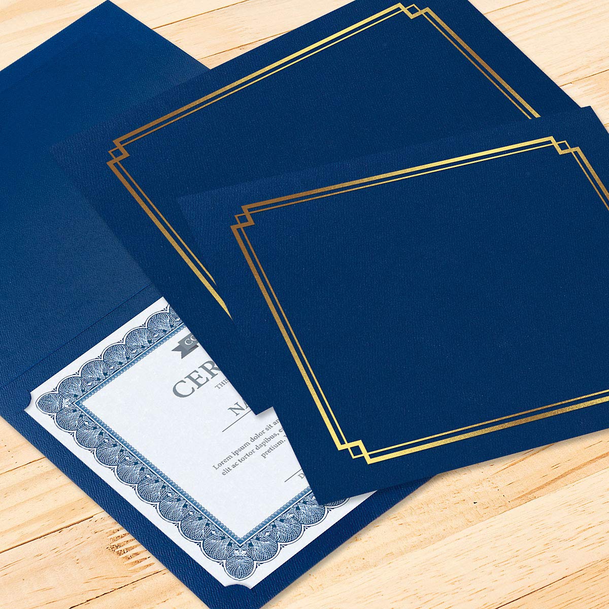 Classic Blue & Gold Certificate Folders - Pack of 50, Linen Cover 80 lb. Stock, Folded, Die-Cut Corners, for Office, Business Awards, Graduation, School Diploma Holder, 9-1/2" x 12"