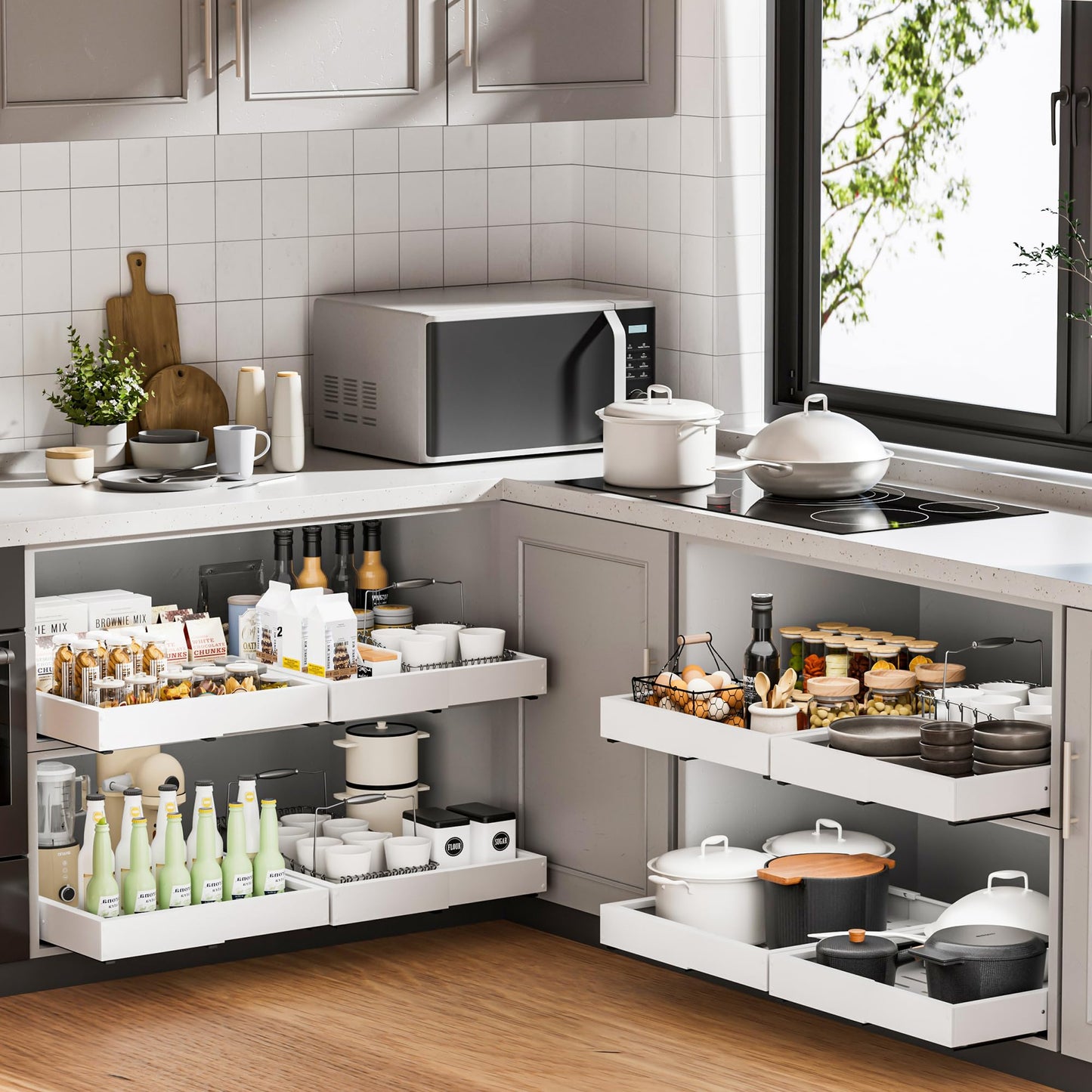 Makfoner 2 Pcs Pull Out Cabinet Organizers, Width (12"-19") and Depth (17"-23") Expandable With 3 Slides, No Drill Slide out Drawers Adhesive Film or Nail Cabinets Without Lip in Kitchen, Bathroom