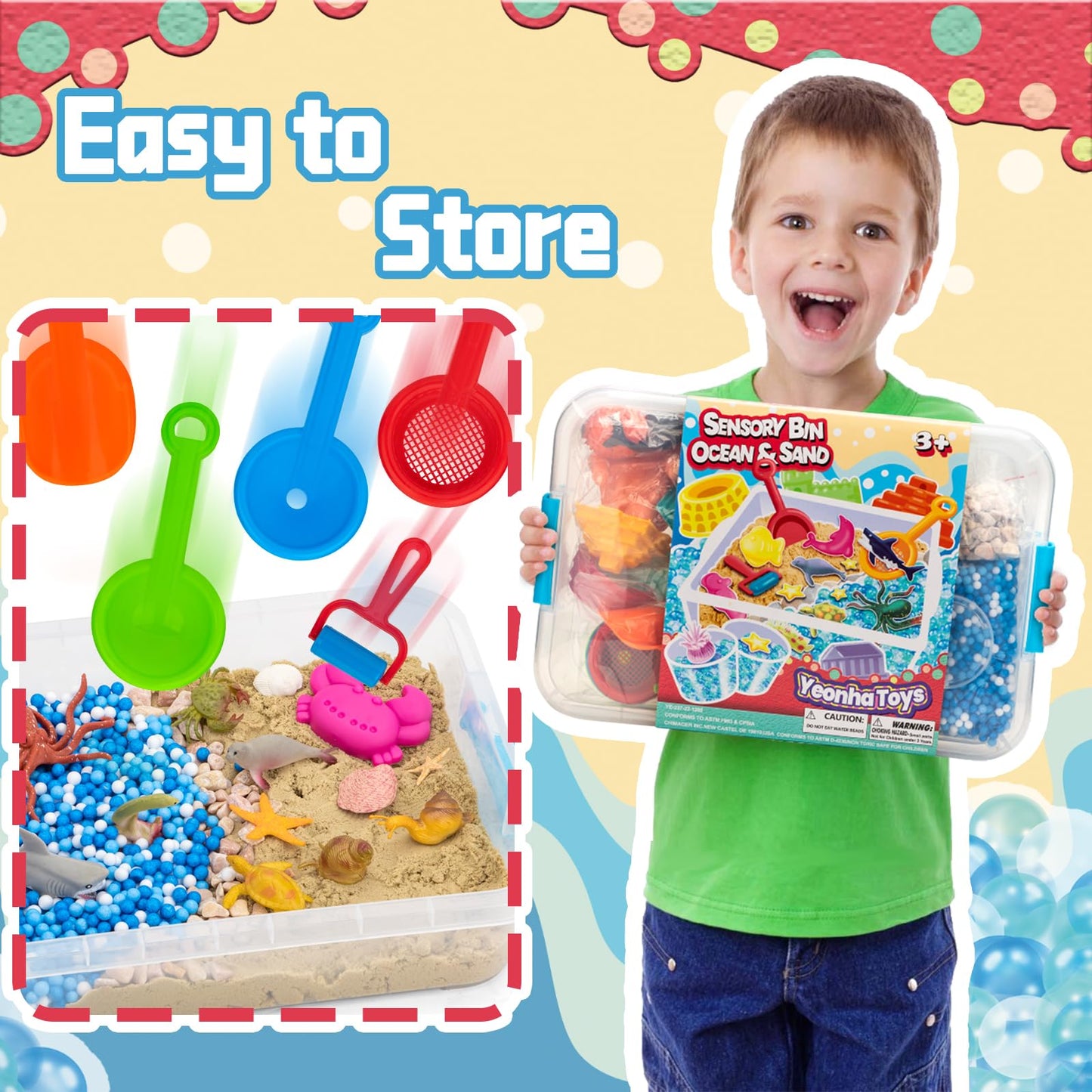 Ocean&Sand Sensory Bin with Lid, 42 Pcs Sensory Sand Kit with Sea Animals for Kids, Birthday Christmas Gifts for Boys Girls, Preschool Learning Activities Tools Box, Outdoor Sandbox Toys for Kids