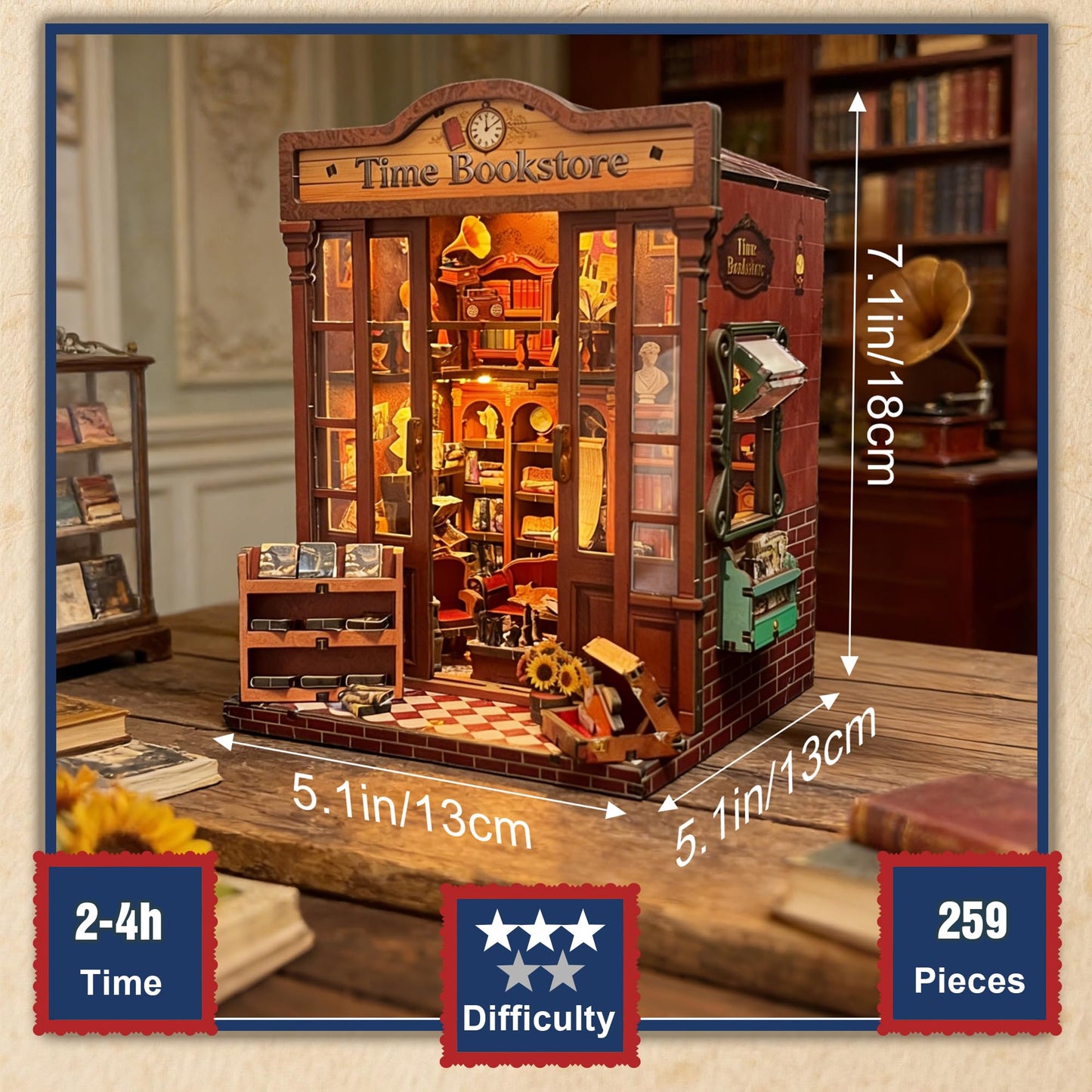 Soothee DIY Miniature House Kit, DIY Book Nook with LED Light | 3D Puzzles for Adults and Teens, Tiny House Building Kits for Bookshelf Decor, Relaxing Gift for Craft Lovers | Timeless Bookstore
