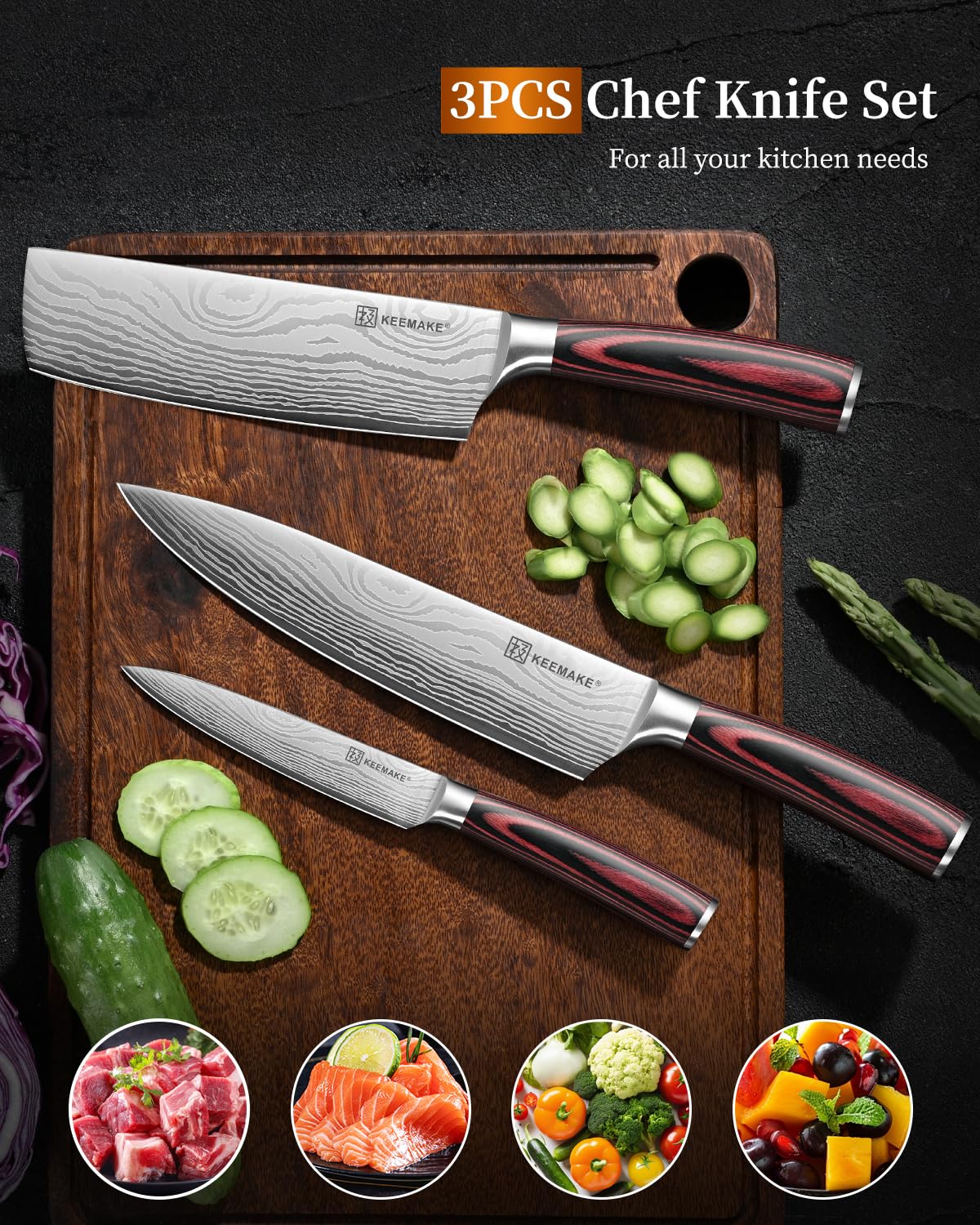 KEEMAKE 3 Pieces Knife Set, High Carbon Stainless Steel Chef Knives Sets with Ergonomic Pakkawood Handle, Professional Ultra Sharp Kitchen Knife Sets, Father Day Gifts