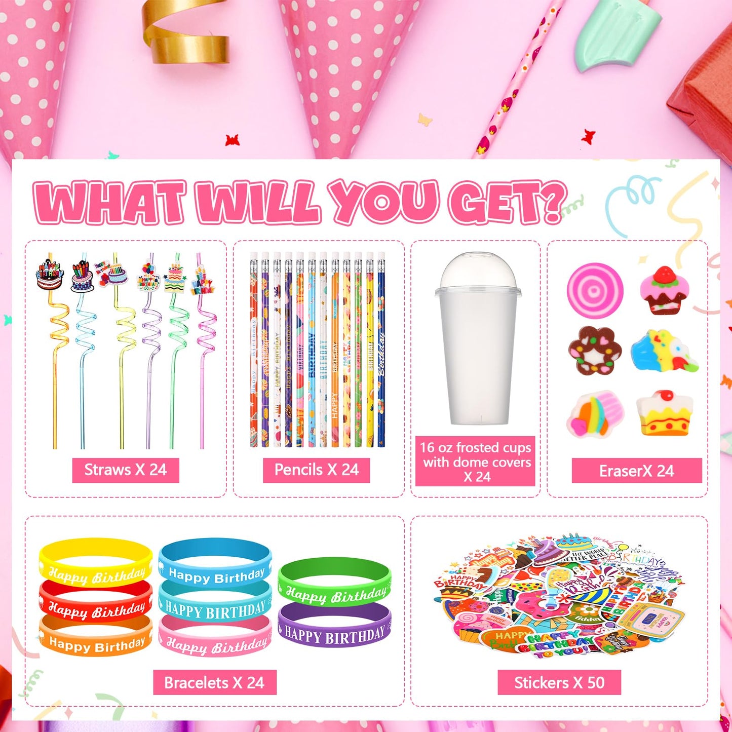 Baderke 24 Sets Birthday Gifts Party Favors Set Include Reusable Cups with Dome Lids Straw Decoration Pencil Heart Eraser Silicone Bracelet Stickers (Style A)