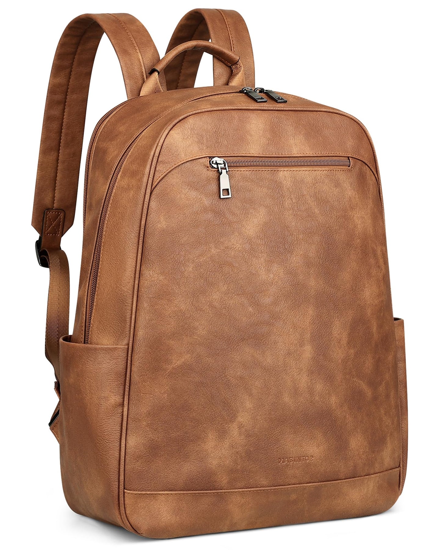 MASINTOR 15.6 inch Leather Laptop Backpack Purse for Women, Designer Travel and Work Bag with Laptop Compartment Mocha Brown