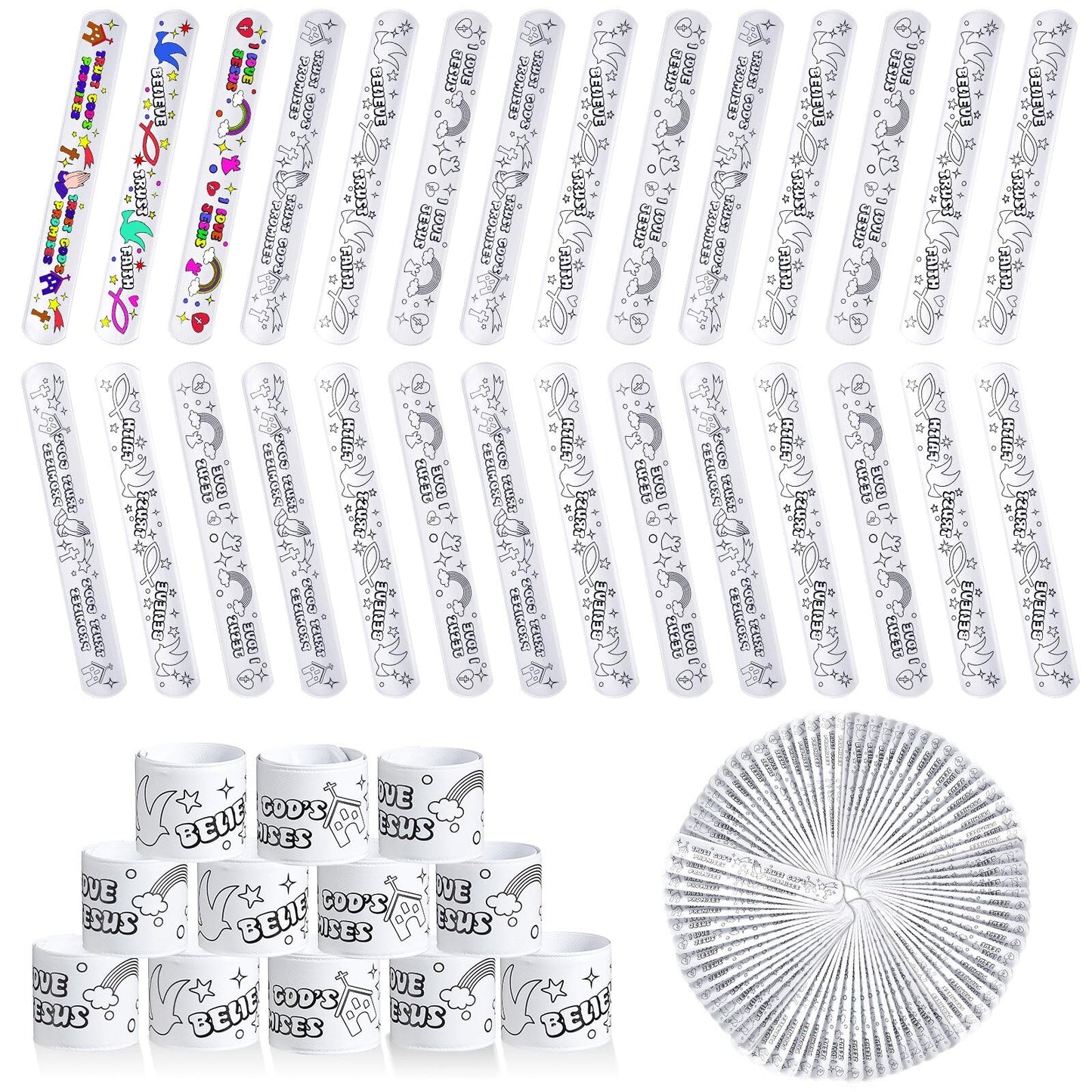 Color Your Own Faith Slap Bracelets Jesus Bracelets for Easter Kids Christian Religious Craft Blank Slap Bands with Religious Sayings for Sunday School Crafts Coloring DIY Gifts, 3 Styles(150 Pcs)