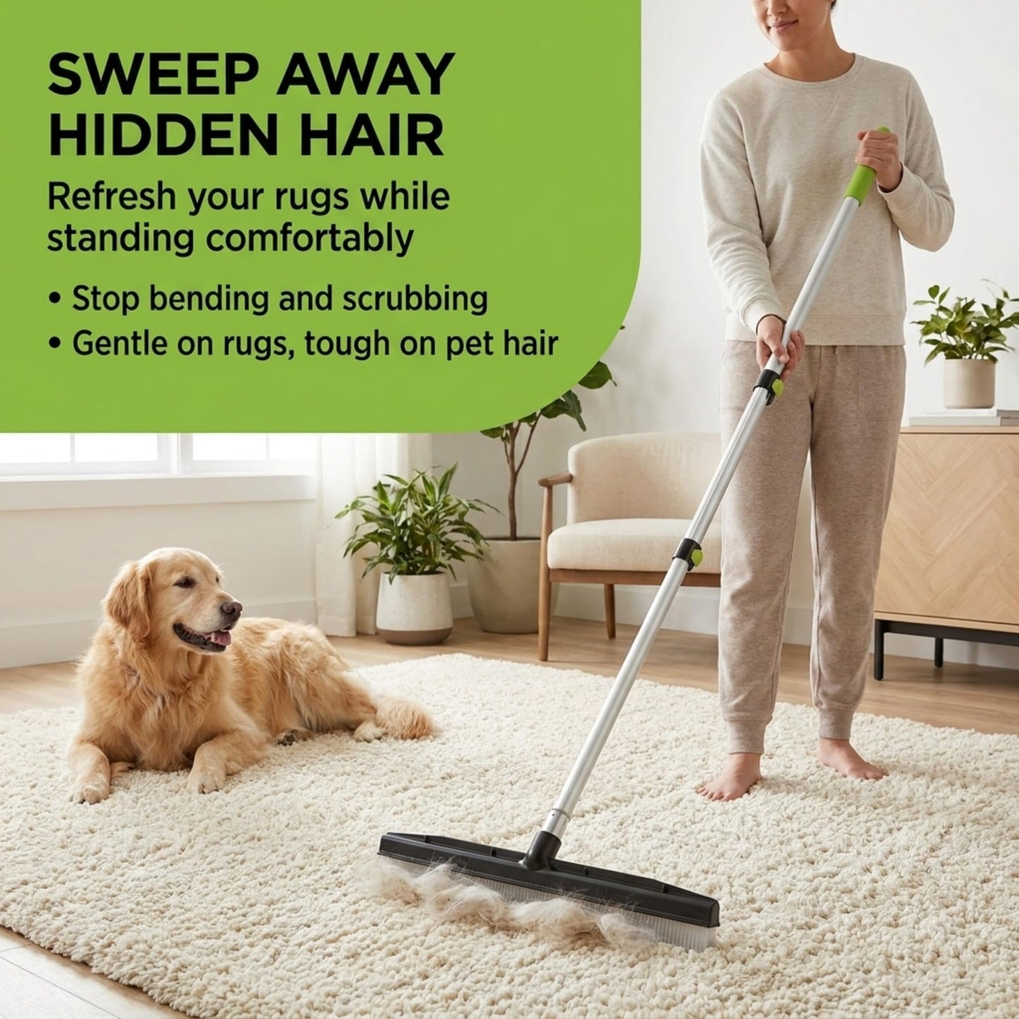 Room Groom Carpet Rake and Groomer with Telescoping 54 Inch Adjustable Handle, Portable Design, Carpet Brush Ideal for Pet Hair, Refreshing High Pile Carpets, Rugs, and Artificial Turf