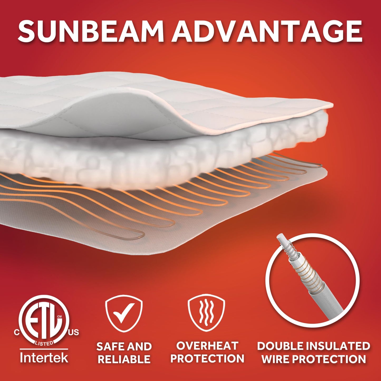 Sunbeam Electric Restful Quilted Heated Mattress Pad Queen 80" x 60" 12 Heat Settings 12-Hour Auto Shut-Off Extra-Cozy Fabric Deep Pocket Fit Machine Washable