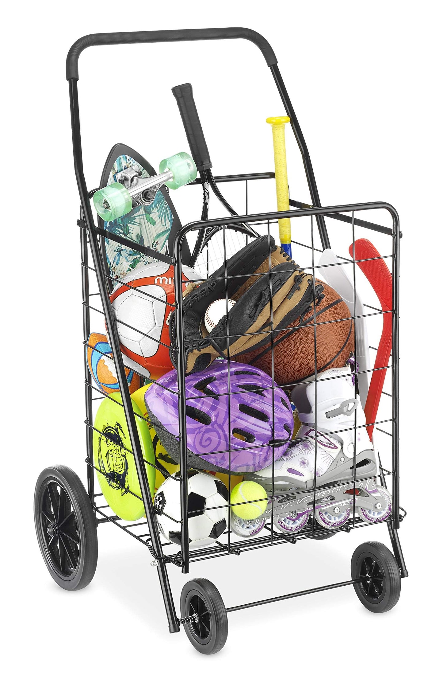 Whitmor Extra Large Utility Foldable Shopping Cart with Wheels, 100 Lb Capacity, Heavy Duty Grocery Cart with Steel Frame, Foam Handle, Rolling Collapsible Utility Trolley for Grocery, Laundry, Black