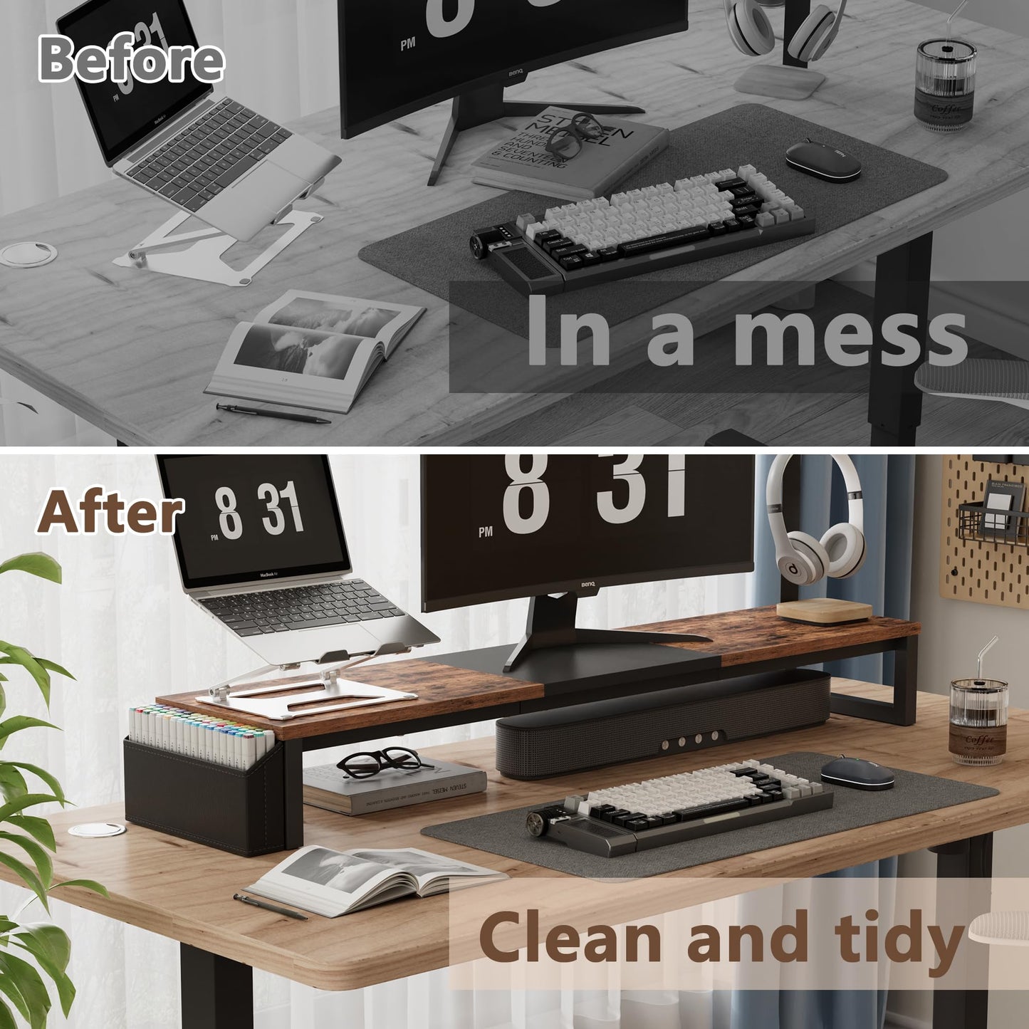 LAND·VOI Dual Monitor Stand Riser,41.5'' Long Monitor Stand for 2 Monitors, Wood Computer Riser with Pocket, Desktop Oraganizer with Pen Holder, Monitor Riser for Desk Computer,Laptop,TV, Rustic Brown
