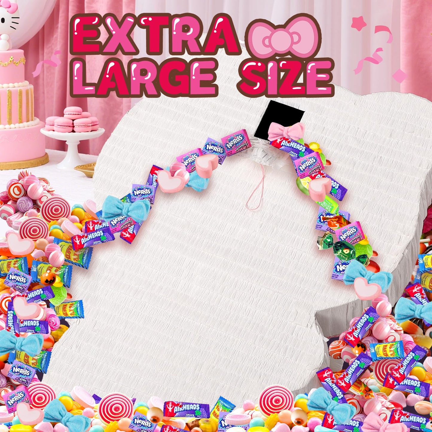 21" Pinata for Birthday Party - 3D Pink Large Piñata, 24" Bat Stick, Eye Mask, Rope - Cute Love Heart Design, Large Party Decoration & Candy Holder for Girls Kids Theme Party, Room Decor & Centerpiece