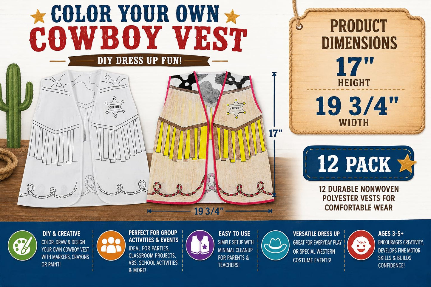Fun Express Color Your Own Western Vest - Craft Kits - 12 Pieces