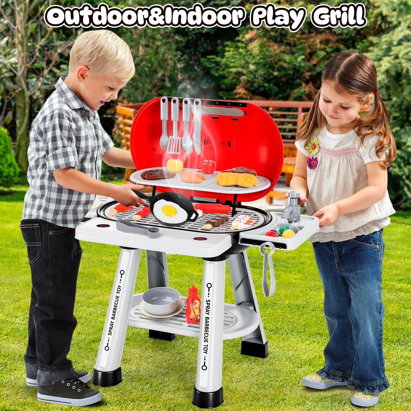 68 PCS Kids Kitchen Playset for Toddlers 3-5,Cooking BBQ Grill Set Toys with Realistic Smoke, Sound & Light,with Kitchen Sink,Little Chef Pretend Play,Outdoor Camping Birthday Gifts for Boys Girls