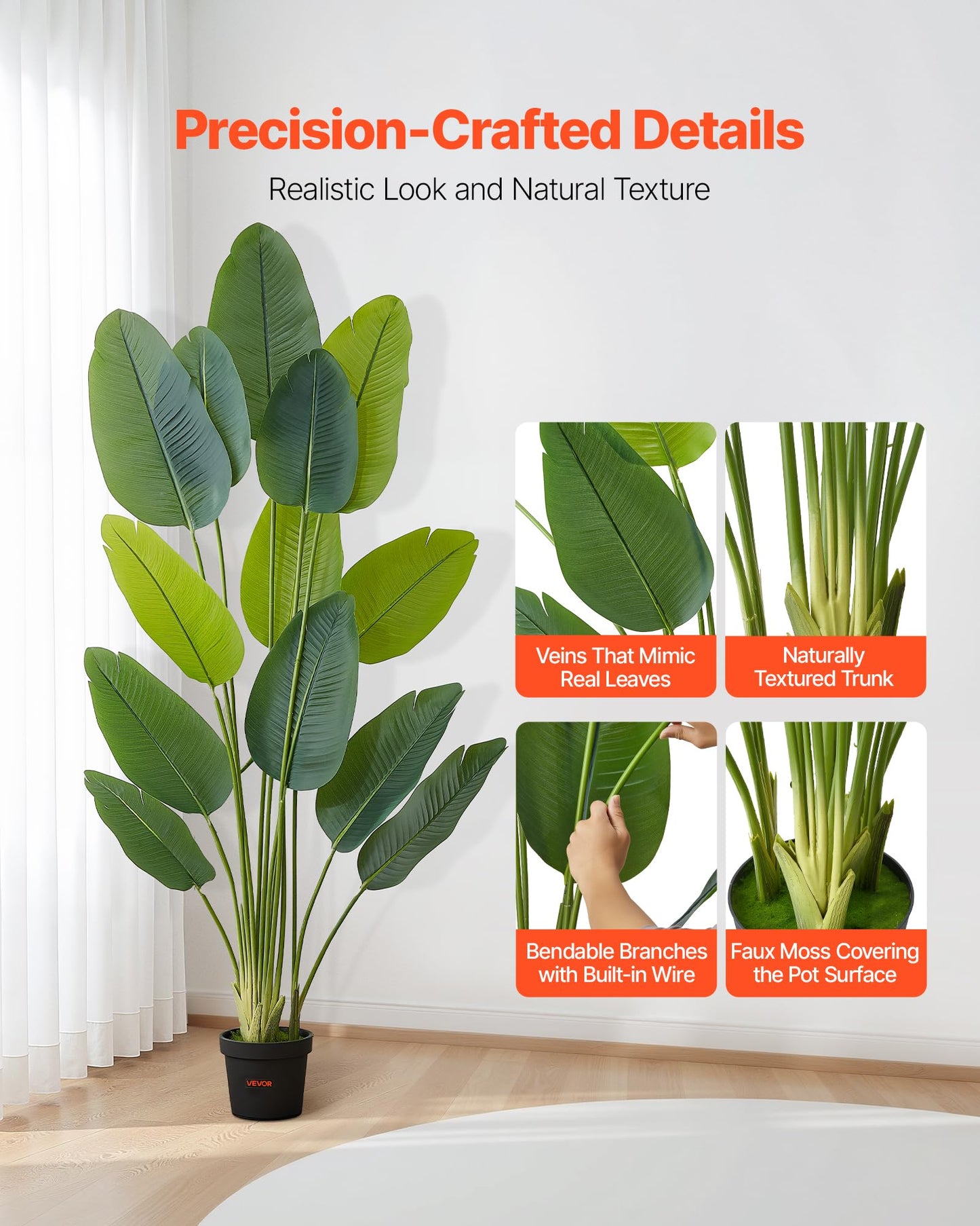 VEVOR Artificial Bird of Paradise 6 ft Tall, Fake Tropical Plants with with 13 Trunks & White Pot, Faux Floor Silk Tree, Large Trees for Home Office Living Room Decor House Warming, Indoor Outdoor