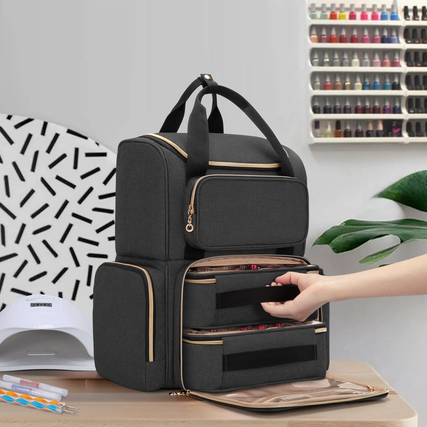LUXJA Nail Polish Organizer (Backpack Version) Holds 70 Bottles and a Nail Lamp, Travel Nail Polish Bag with 2 Removable Cases and Tools Storage Pockets (Patent Pending), Black