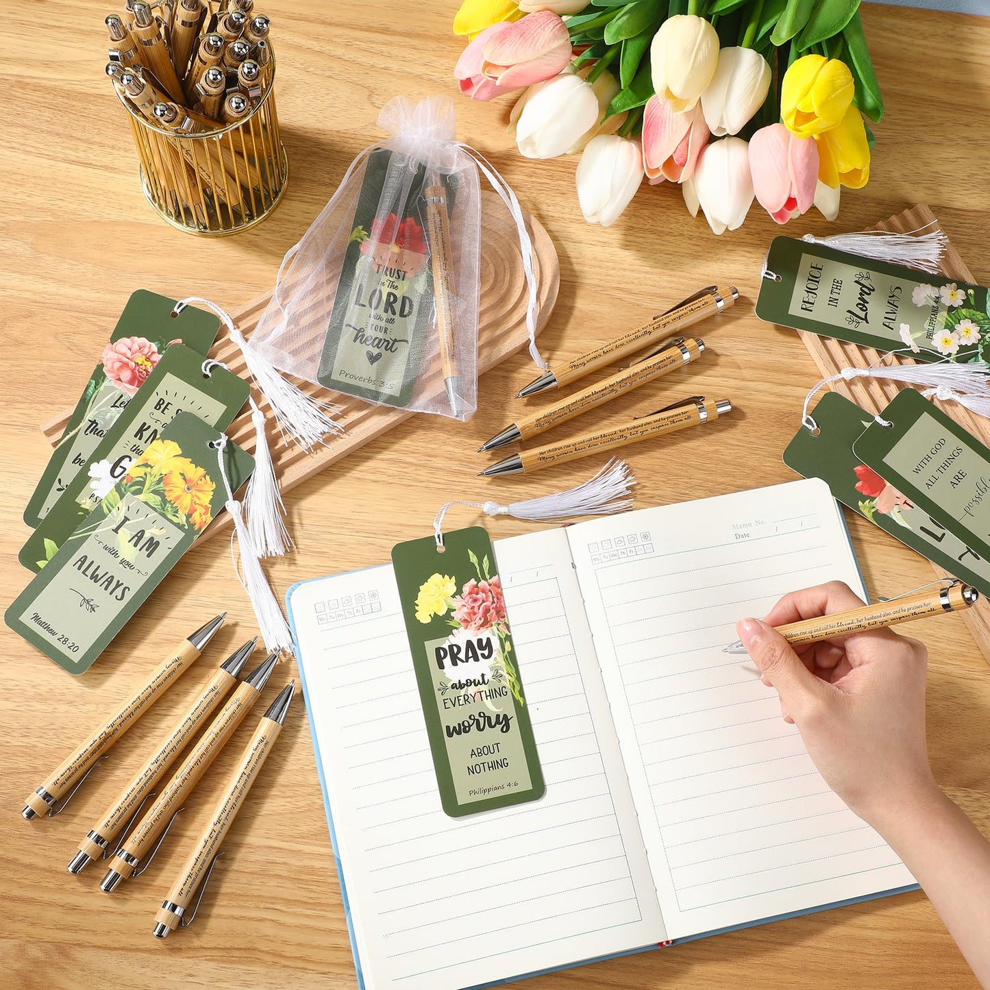 Spakon 100 Sets Mother's Day Church Gifts Bible Verse Bookmarks Inspirational Bamboo Pens Gift Bags Mom Christian Gifts Bulk Religious Mothers Day Party Favors