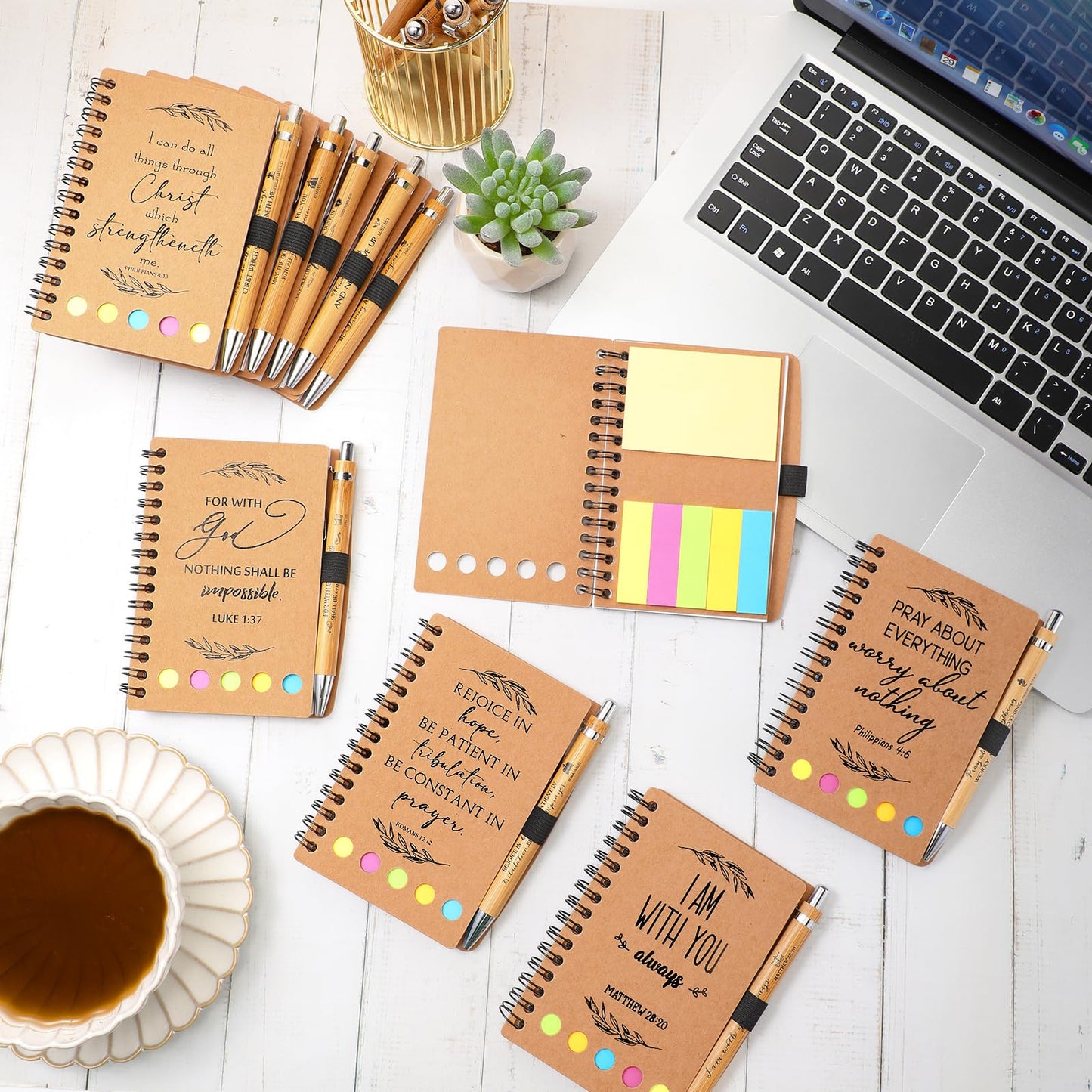 Kosiz 140 Pcs/ 70 Set Christian Gift for Church Bulk Prayer Bible Verse Pen Religious Spiral Notebook with Sticky Notes for Study Group Member Back to School Teacher VBS Sunday School Supplies (Kraft)