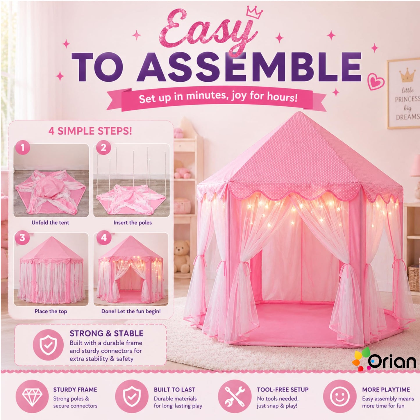 ORIAN Princess Castle Playhouse Tent for Girls with LED Star Lights – Indoor & Outdoor Large Kids Play Tent for Imaginative Games – ASTM Certified, Princess Tent, 230 Polyester Taffeta. Pink 55"x53".