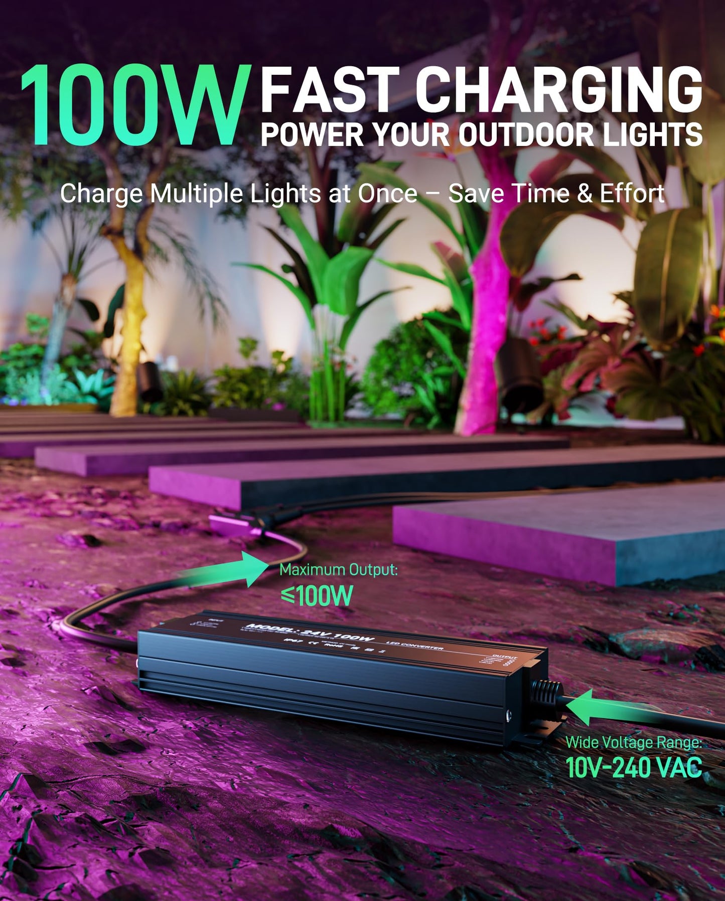 Premium Weatherproof Power Supply for Philips Hue Outdoor Lighting - 100W, 24V, 2-in-1 Power Adapter for Lily Spot, Lily XL, Calla Pathway, Impress Pedestal, and Impress Wall Lights (6.9 ft)