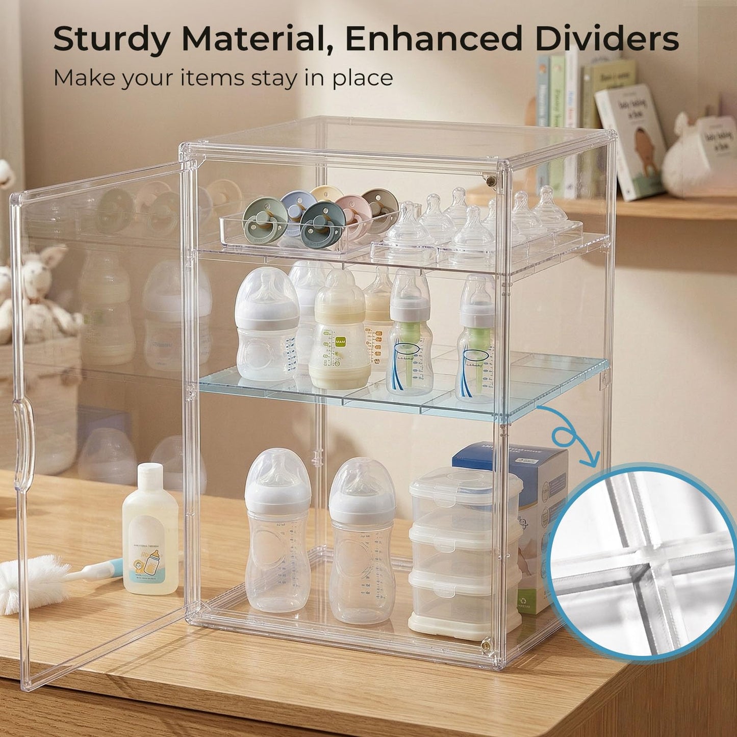 KitHero Baby Bottle Organizer – X-Large Adhesive Wall-Mount 3 Tier Adjustable Acrylic Bottle Storage Container with Magnetic Door – for Countertop, Cabinet, Kitchen, and Vanity, Gifts for New Mom