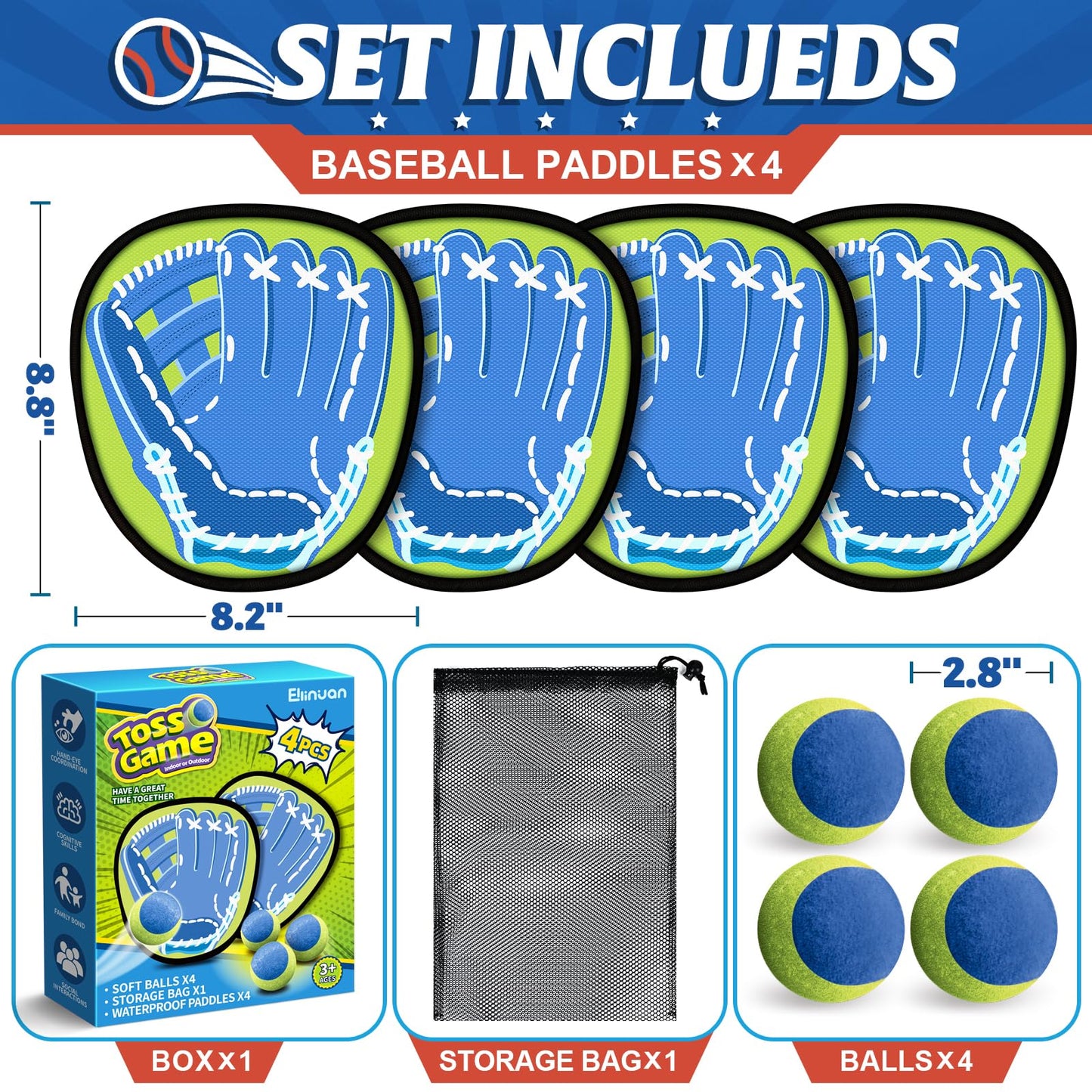 Ellinjan 4 Pack Catch Ball Game Set Baseball Training Gloves Outdoor Toys Summer Pool Yard Camping Sports Game