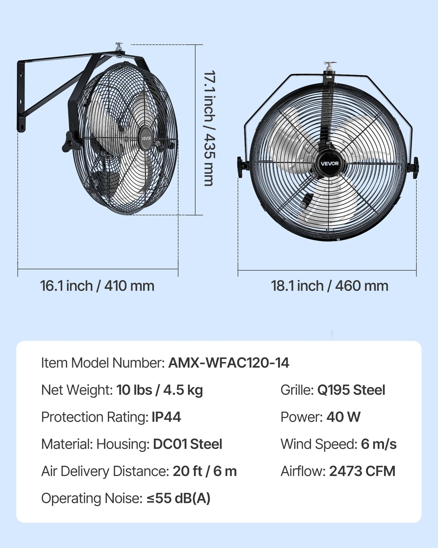 VEVOR 14 Inch Industrial Wall Mount Fan, High Velocity 2473 CFM Outdoor Fan with 3 Speeds, Waterproof IP44 Garage Wall with Aluminum Blades for Workshop, Warehouse, Greenhouse