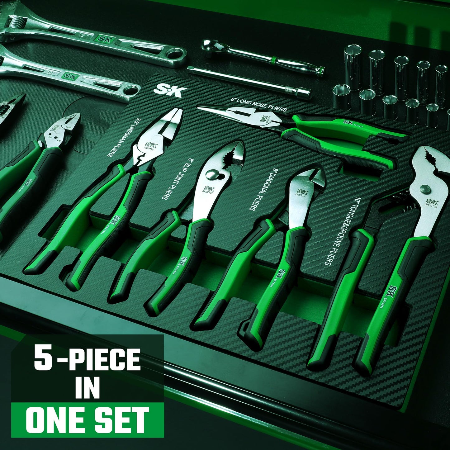 SK 5-Piece Pliers Set, 8" Long Nose, 9.5" Linesman, 8" Slip Joint, 8" Diagonal, and 10" Groove Joint, with EVA Foam Tool Organizer