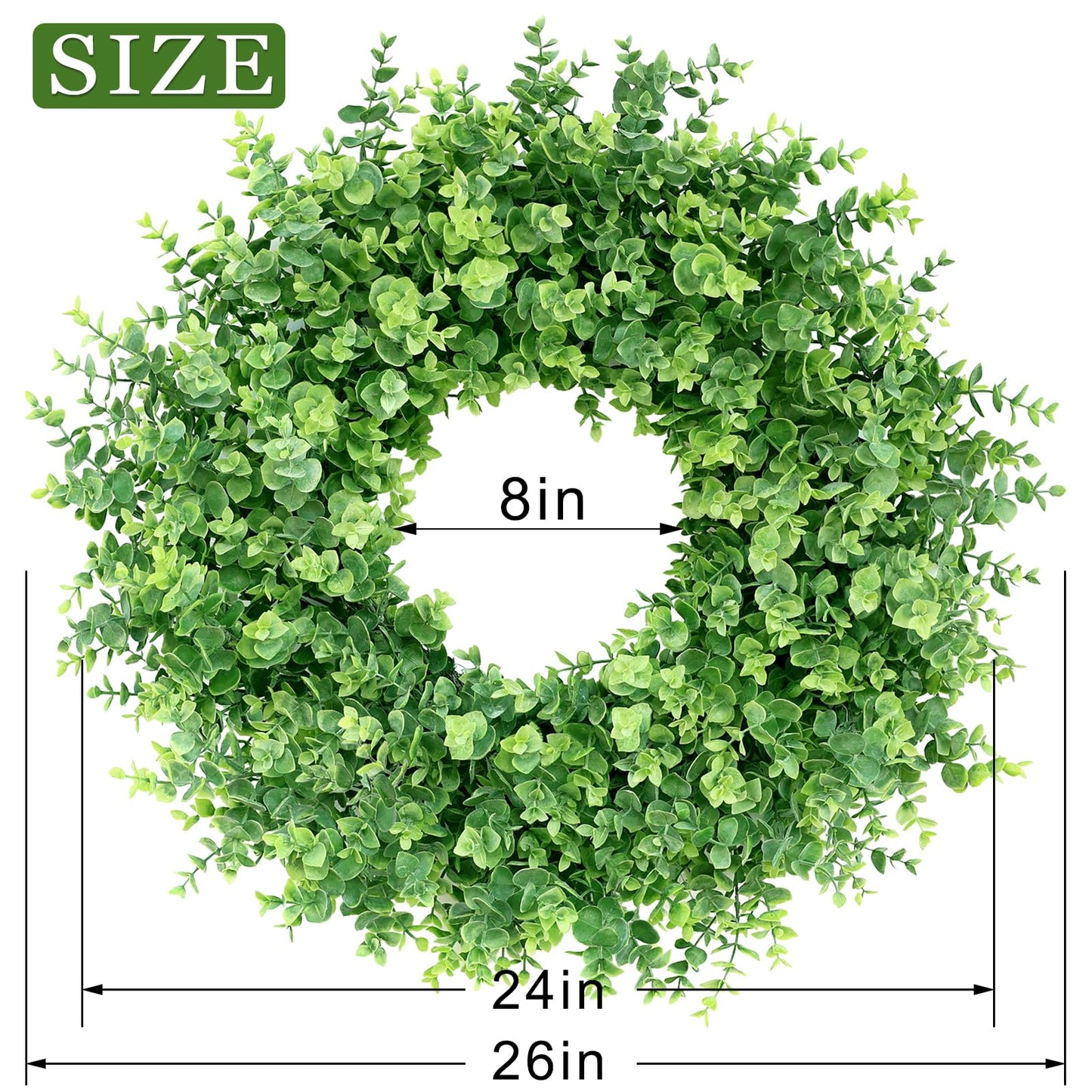 26" Eucalyptus Wreath for Front Door, Porch, Window - Large Artificial Eucalyptus Leaves Greenery Outdoor Wreath for Home, Farmhouse Decor - Spring, Summer, Fall, All Seasons (Green)
