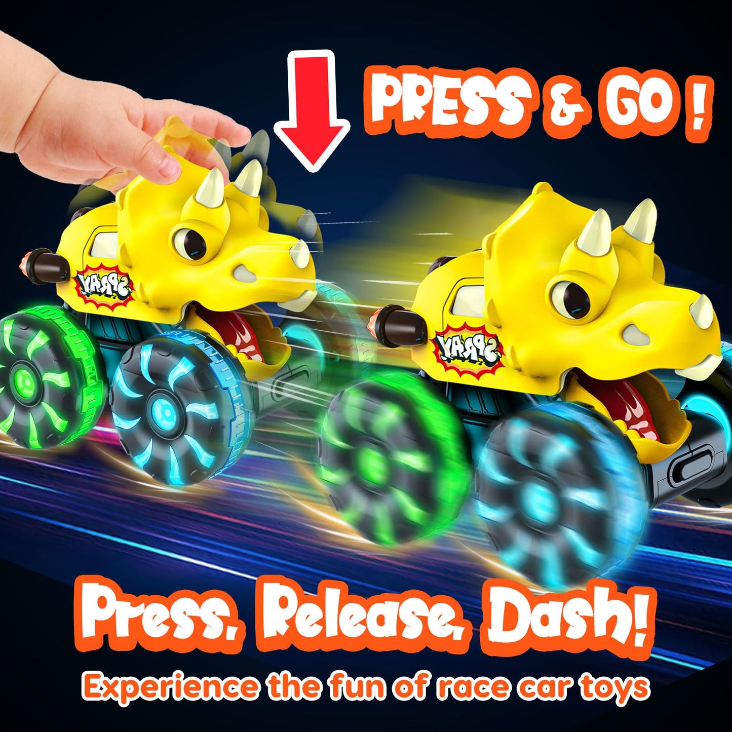 Monster Truck Toys Dinosaur Cars for Toddlers 1-3, Press and Go Cars Truck Toys for 1 2 3 Year Old Boys Girls Gift, Light Up Boy Toy Dinosaur Cars for 1 2 3 One Two Year Old Boy Birthday Gifts (Small)