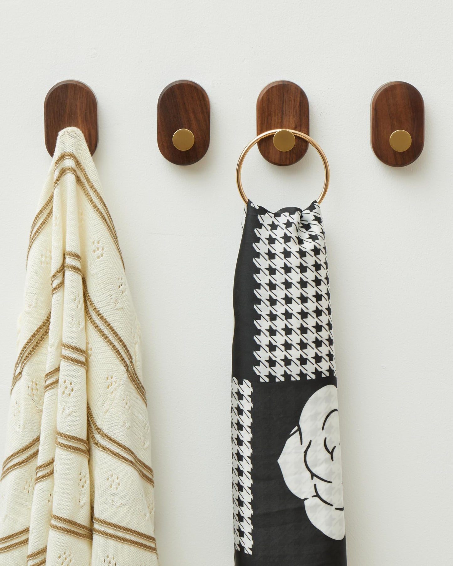 Wood Coat Hooks Wall Mount - Modern Walnut Coat Hook with Bronze Accent for Hanging Clothes,Keys,Purse,Robes,Towel,Backpacks, Single Brass Wall Hooks Heavy Duty for Entryway, Closet, Bathroom (4 Pack)