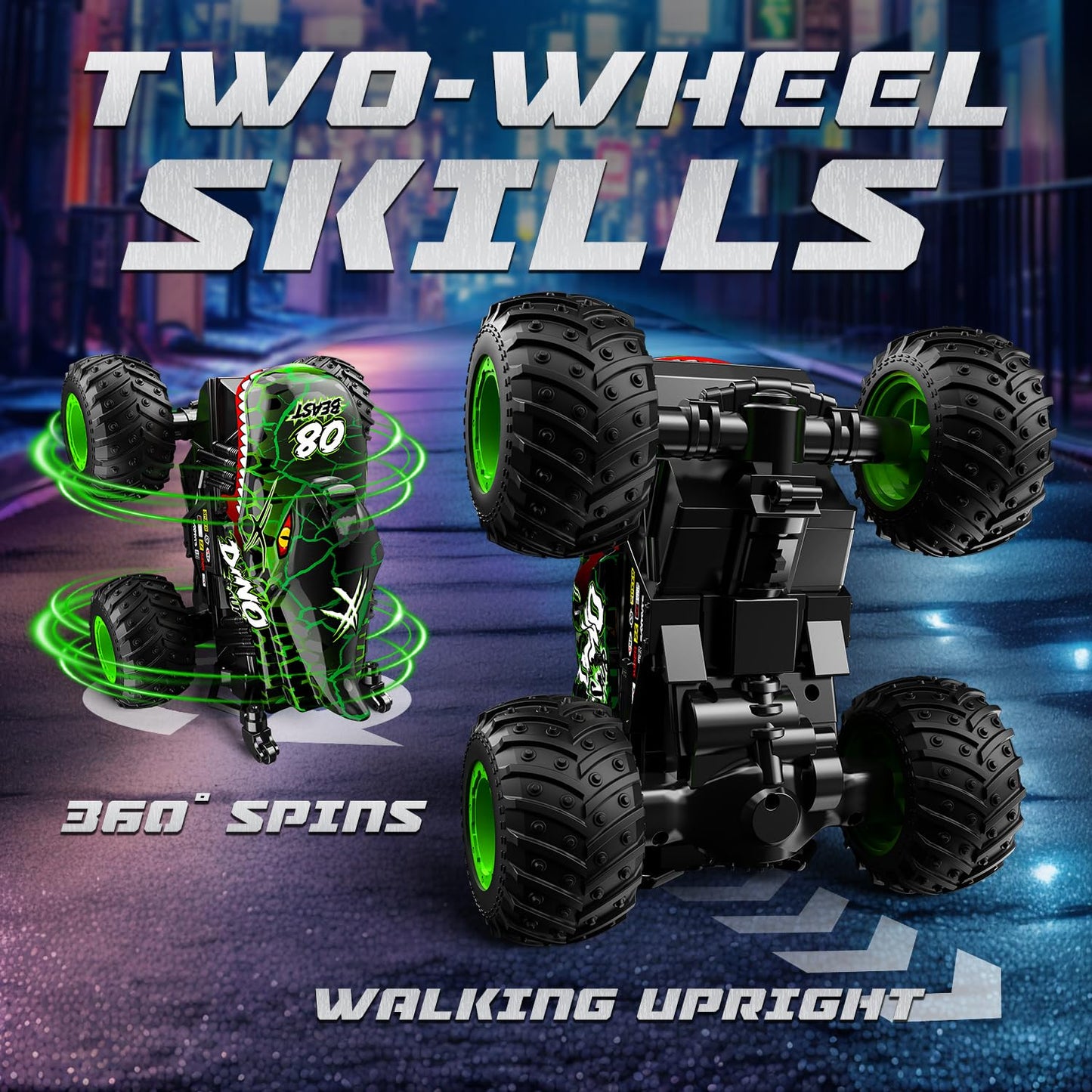 Gohero Monster Truck Toys for Kids, 1:20 Dinosaur Toys RC Car Truck with 360° Spins & Drifting, 2.4GHz All-Terrain Monster Trucks for Boys Age 4-7 | with LED Light, Music & 2 Rechargeable Batteries.