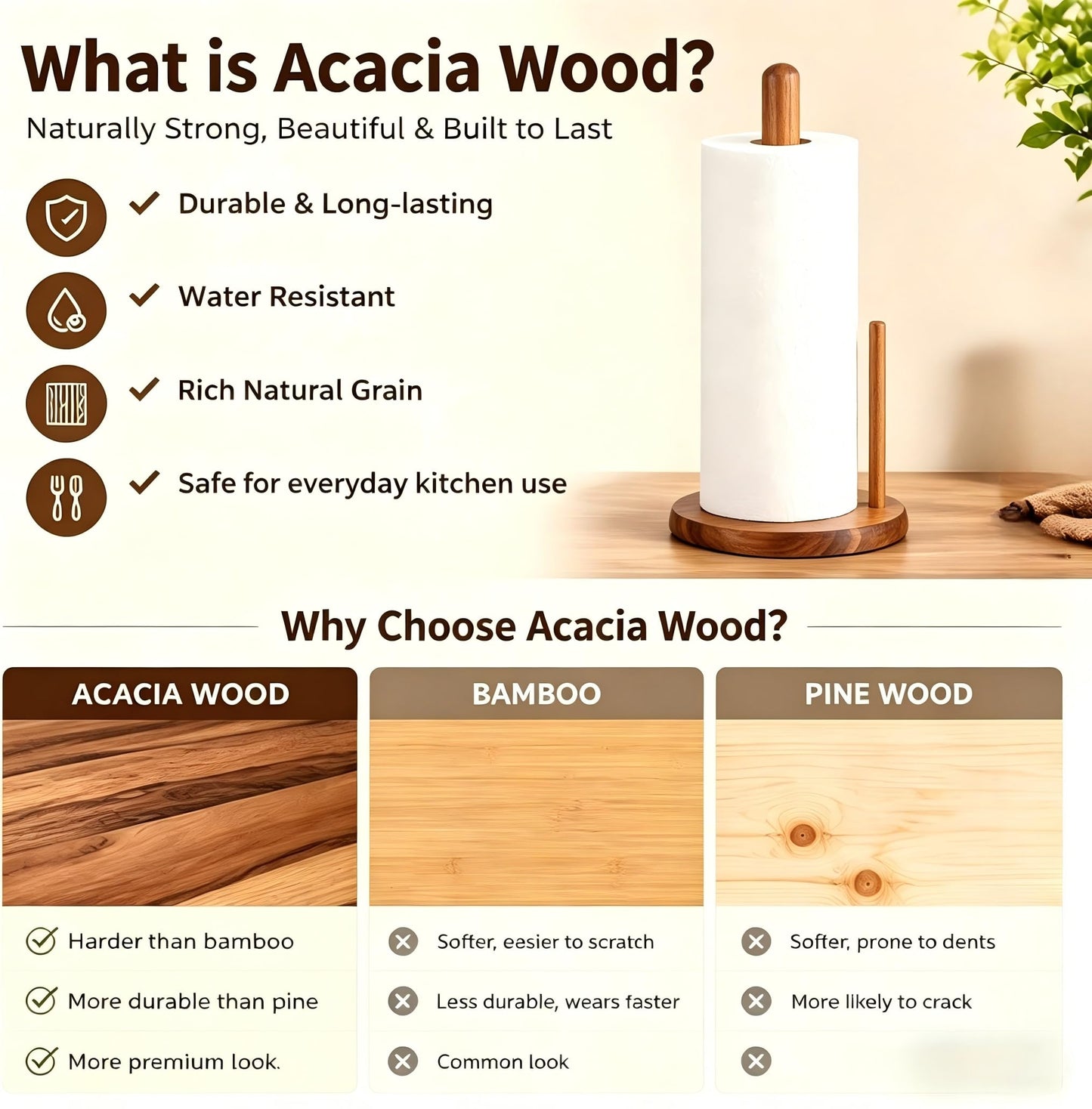 E-ROOM TREND Acacia Wood Paper Towel Holder Countertop, Wooden Paper Towel Holder Thicken Base for Kitchen, Easy to Assemble, Sturdy, Durable, Natural Wood Color