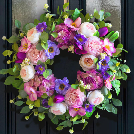 CHvista Spring Wreaths for Front Door Outside- 24 Inch Summer Wreath with Blush Pink Roses & Purple Blooms and Hydrangeas,Luxury Spring Door Wreath for Porch,Home,Wall,Window Decor(Indoor Outdoor Use)