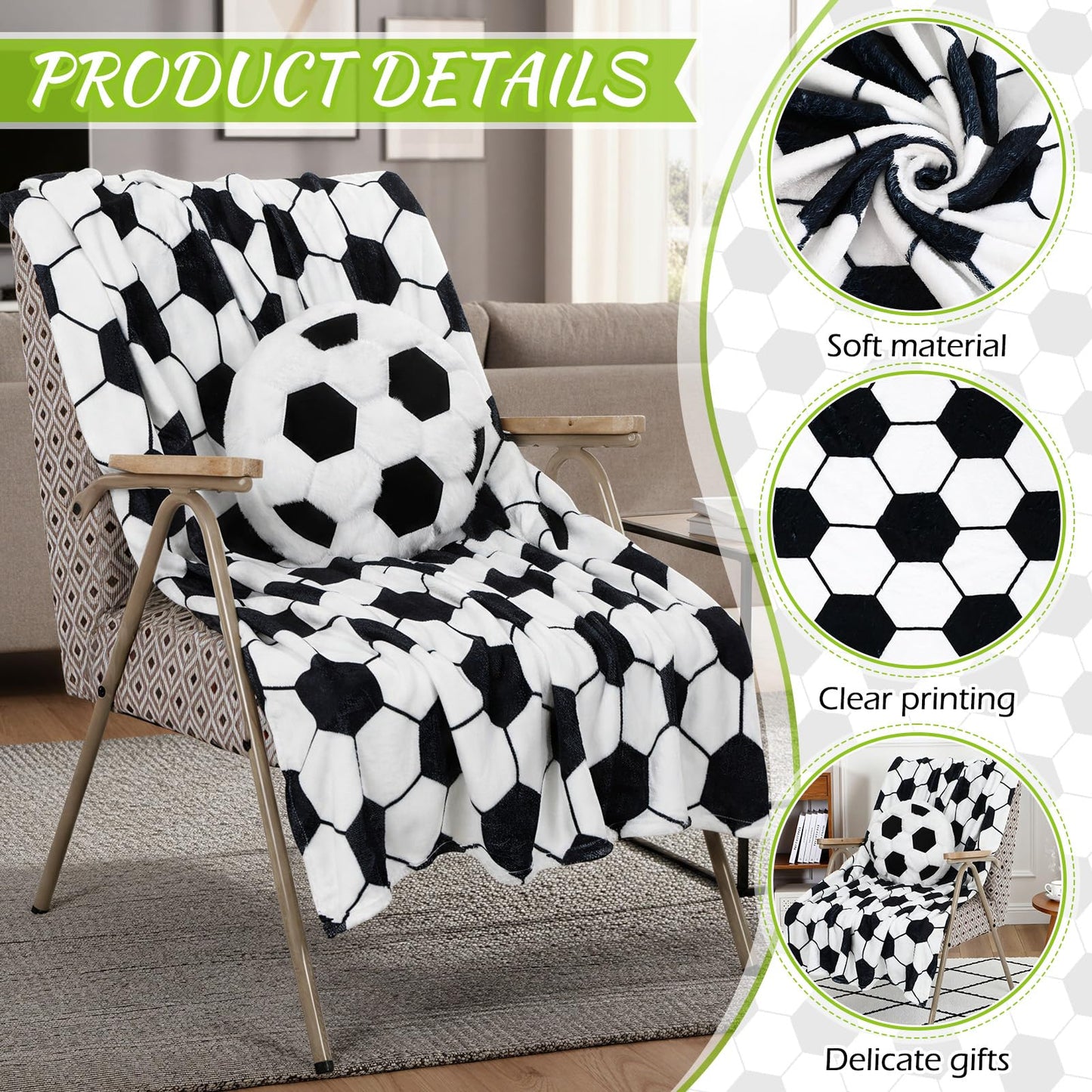 SmoothNovelty 2 Pcs Soccer Pillow and Throw Blanket Set Include 40x50 Inch Soft Soccer Flannel Blanket Fluffy Sports Stuffed Plush Pillow Cushion Team Gift for Men Couch Bedroom Sofa Decor