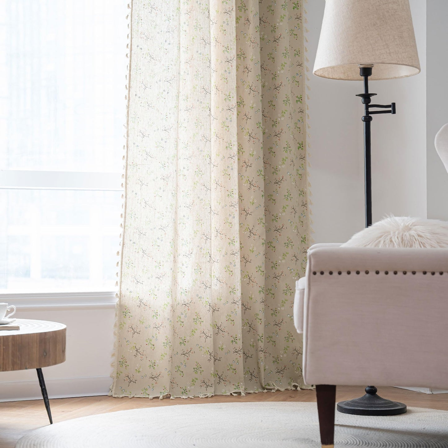 ENJOYBRIDAL Floral Bedroom Curtains 84 Inch Length 2 Panels Set Farmhouse Semi Sheer Living Room Drapes Cotton Linen Blend Bohemian Window Curtain Panels with Tassel Beige Rod Pocket Drapes