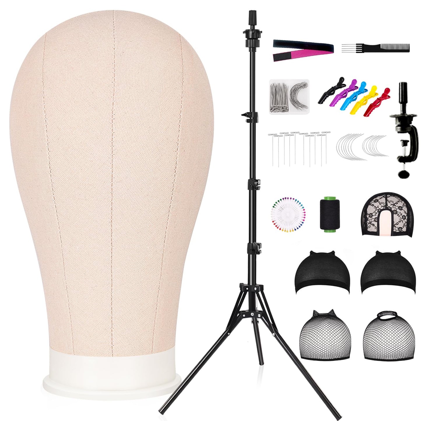 GHWMYD 22 Inch Canvas Wig Head Mannequin HeadWig Stand Tripod Manikin Canvas Head Set for Wigs Making Display Styling Head with Tripod Table Clamp Wig Caps Pins Set Hair Brush, Clips (Beige