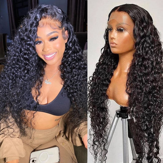 180 Density 13x6 HD Transparent Lace Front Wigs Human Hair Water Wave Lace Front Wigs for Women Curly Lace Front Wig Wet and Wavy Human Hair Wig Pre Plucked with Baby Hair Natural Color (20 Inch)